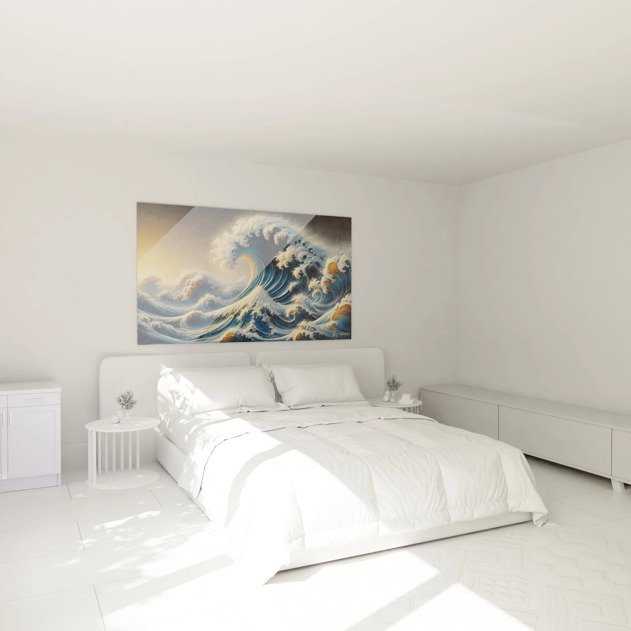 Le tableau japonais apporte une ambiance apaisante et dramatique dans la chambre avec ses vagues puissantes au dessus du lit evoquant la force de la nature et un design moderne