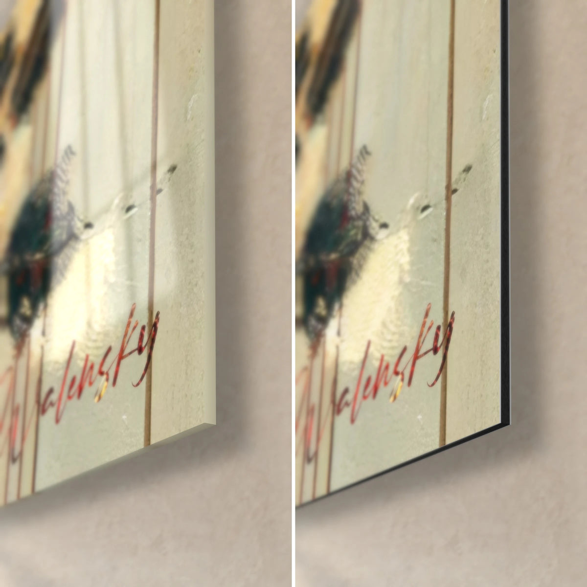 Wall art loving couple with a hat and a red rose in her hair, bottom right corner in glossy glass and matte Dibond aluminium