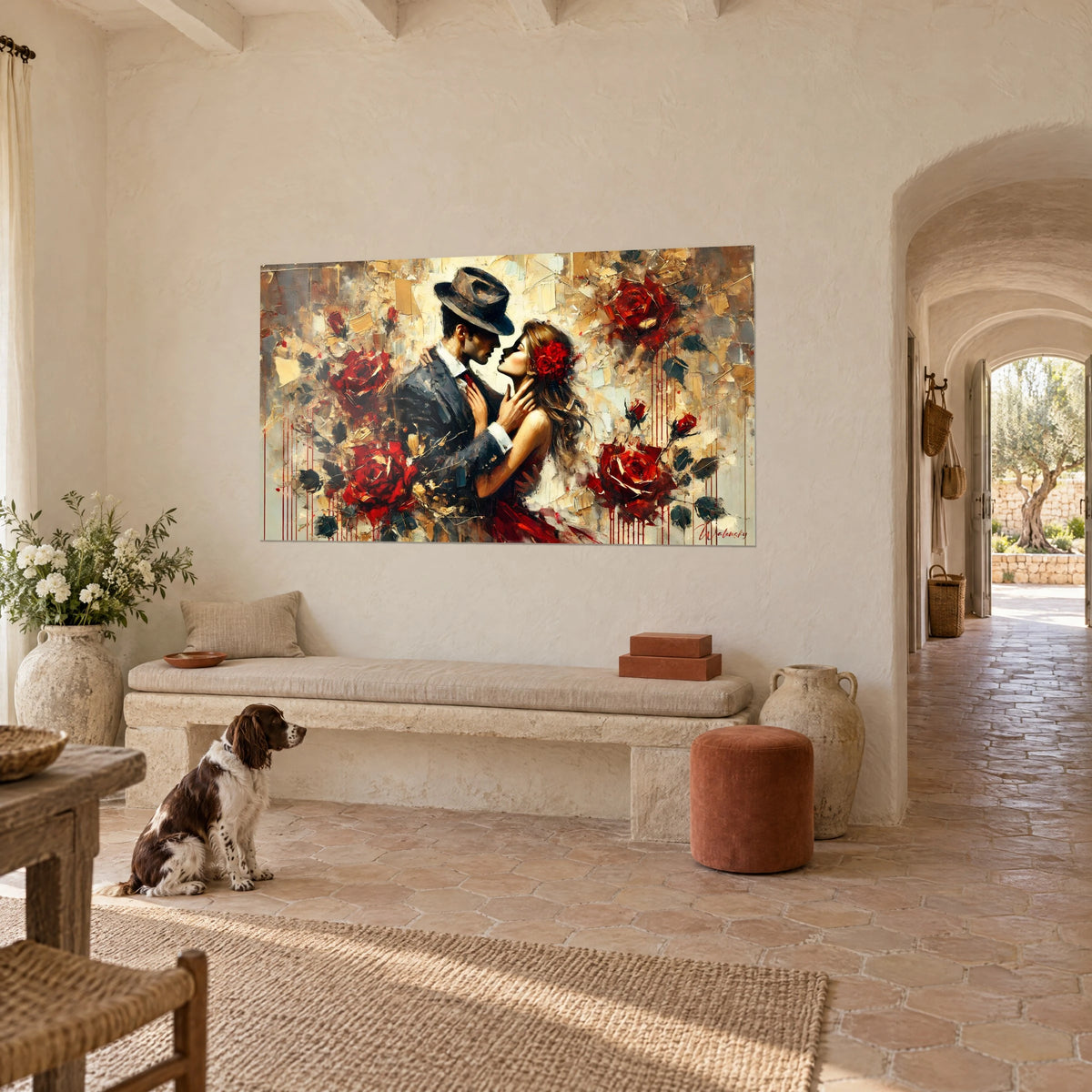 Wall art tender kiss between a dancer in an anthracite suit and a brunette, scarlet roses, Provençal farmhouse, seated spaniel
