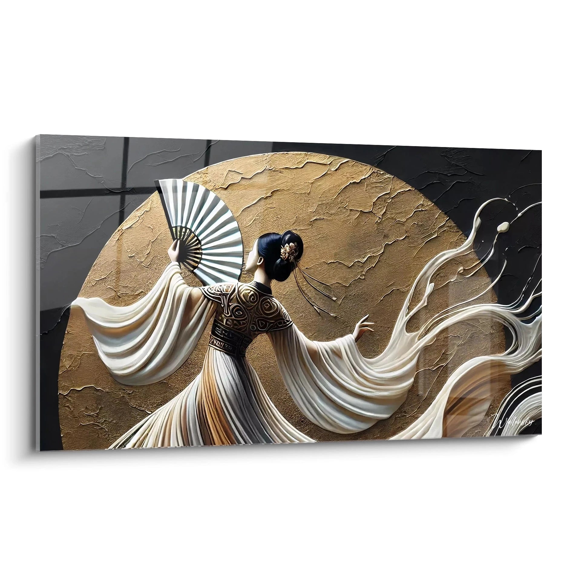 Vue de biais de ce tableau traditionnel asiatique, les textures et couleurs subtiles rappellent la danse gracieuse, combinant art traditionnel et touche contemporaine.