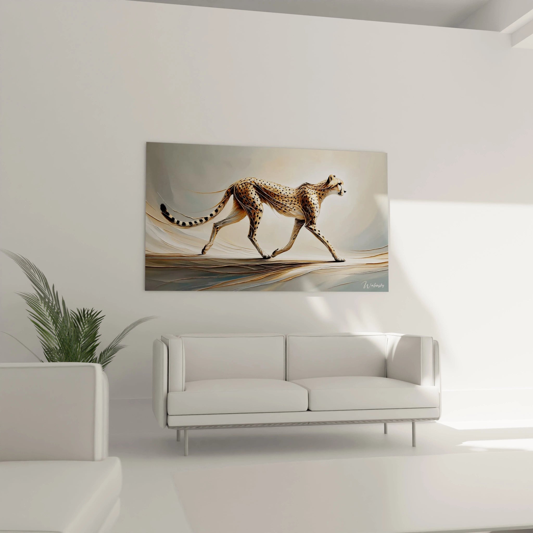 ce tableau guepard accroche au mur au-dessus du canape apporte une ambiance contemporaine et elegante. La fluidite du mouvement du felin sublime la decoration du salon