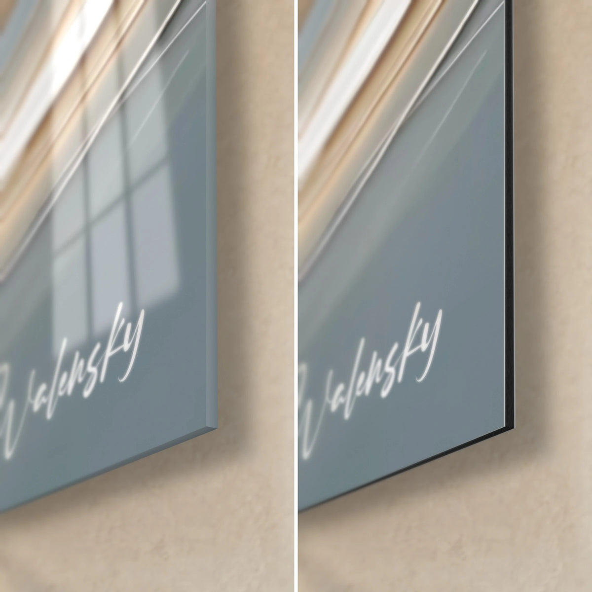 Wall art of a golden and ivory big cat on the move, bottom right corner: glossy glass on the left, matte Dibond on the right, 3 mm edge