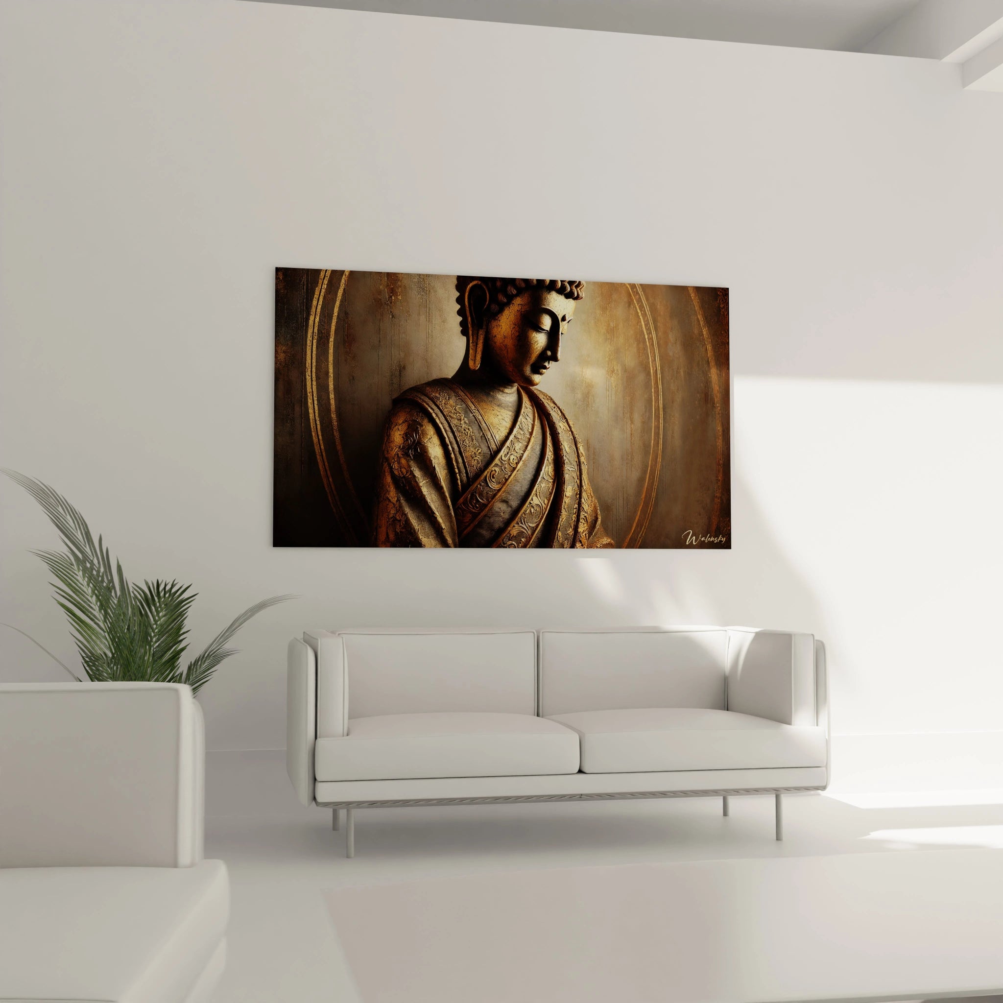 Transformez votre salon avec ce tableau Bouddha placé au-dessus du canapé, une oeuvre apaisante qui allie élégance et profondeur spirituelle pour une ambiance zen et chaleureuse.
