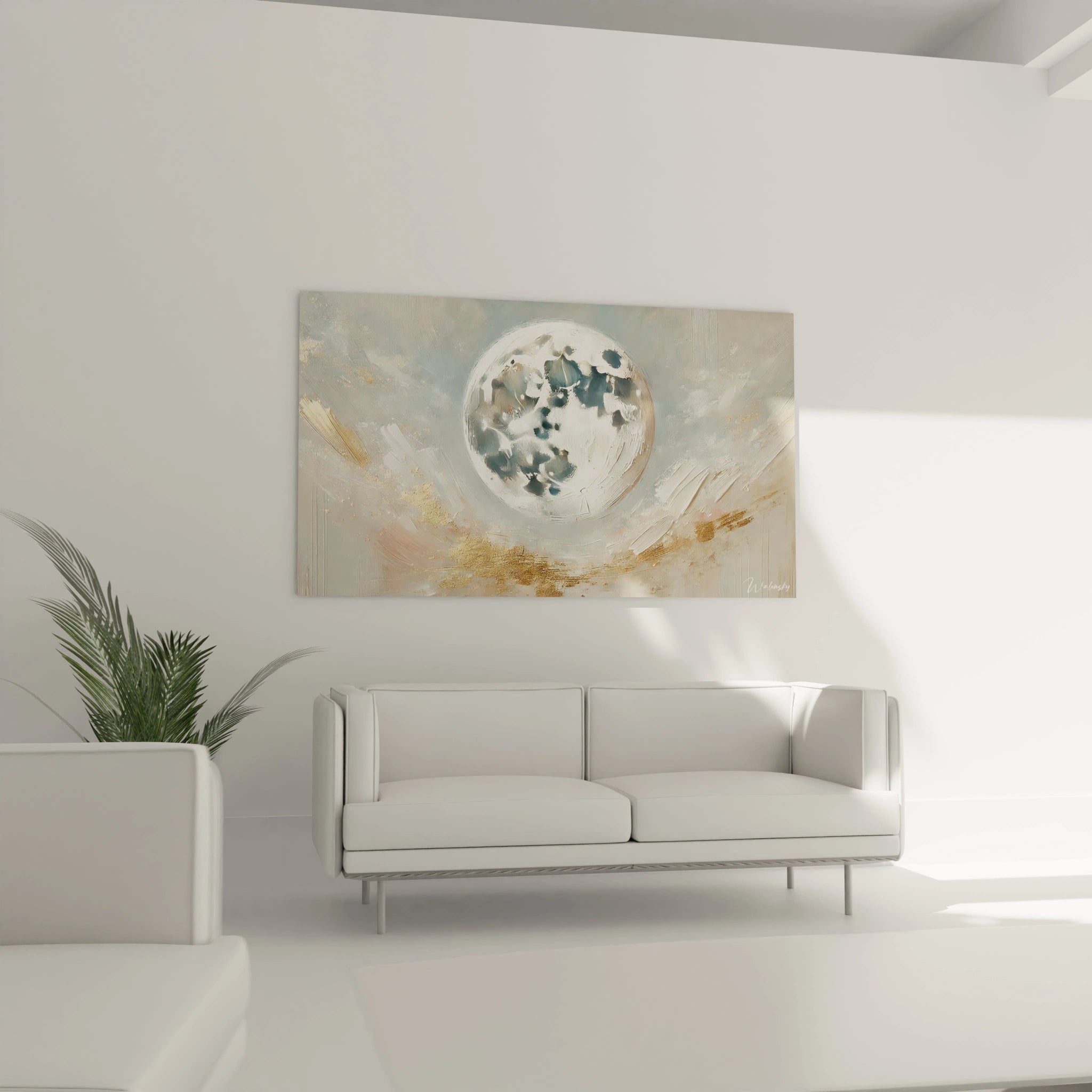 Faites de votre salon un espace captivant grâce à ce tableau Lune accroché au-dessus du canapé, ajoutant une aura mystique et une profondeur visuelle.