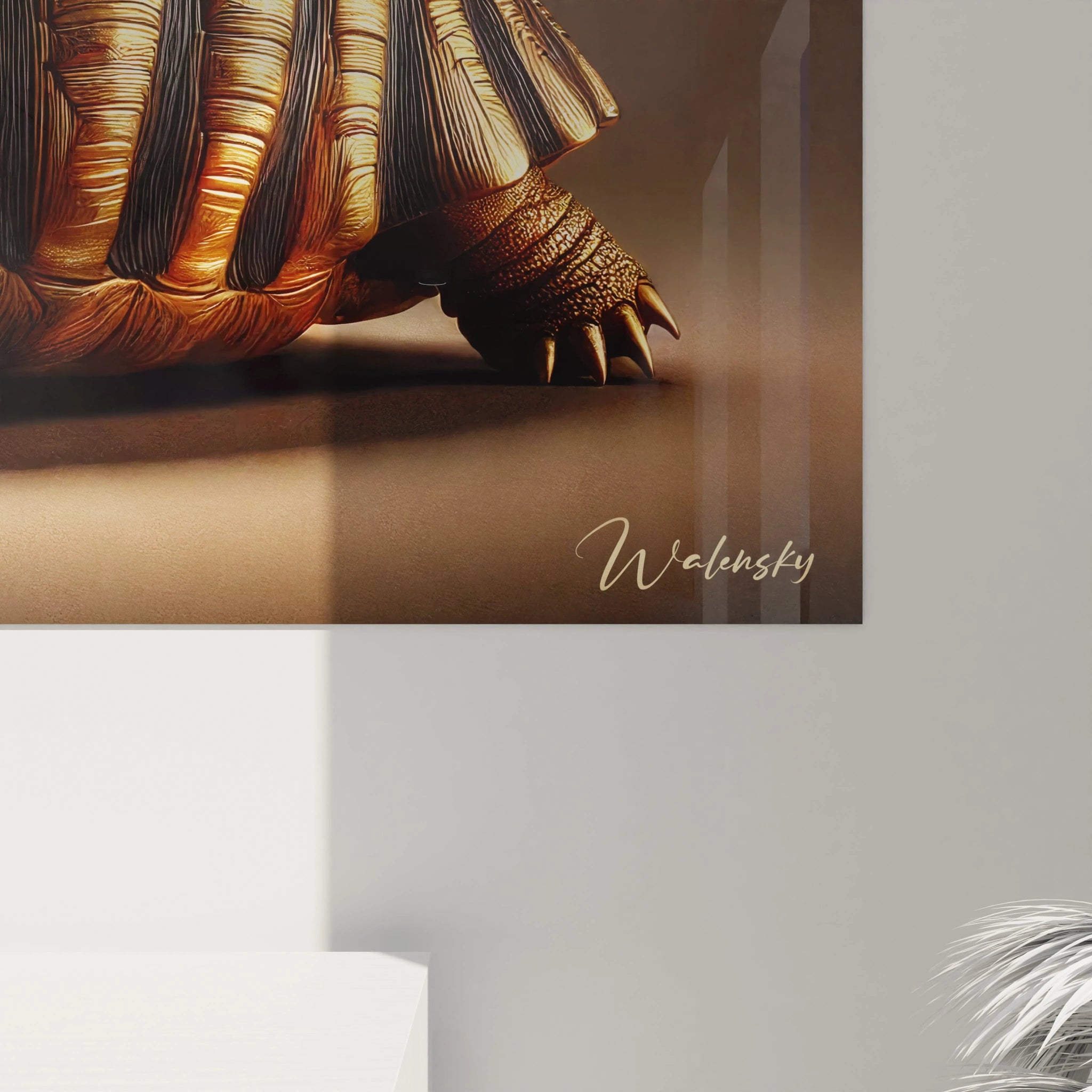 Gros plan sur le tableau tortue terrestre. Cette vue de pres revele la finesse des textures et la richesse des couleurs, faisant de ce tableau une oeuvre captivante pour les amateurs d'art et de nature.