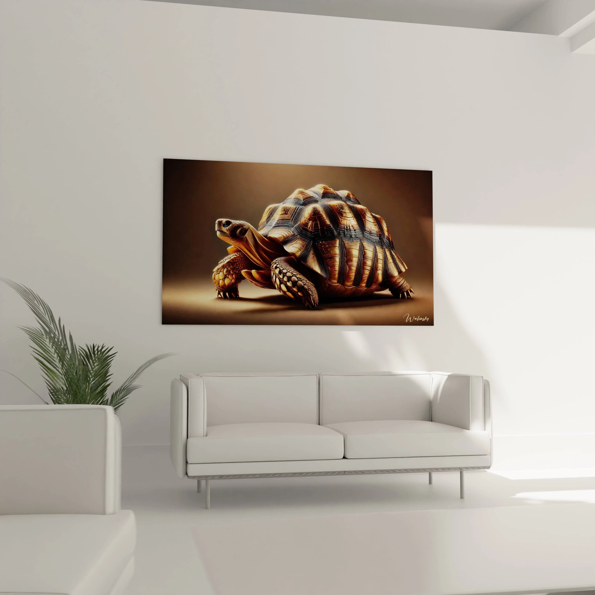 Dans un salon, accroche au-dessus d'un canapé, le tableau tortue terrestre devient une piece centrale, apportant une atmosphere apaisante grace a ses details delicats et sa representation elegante.