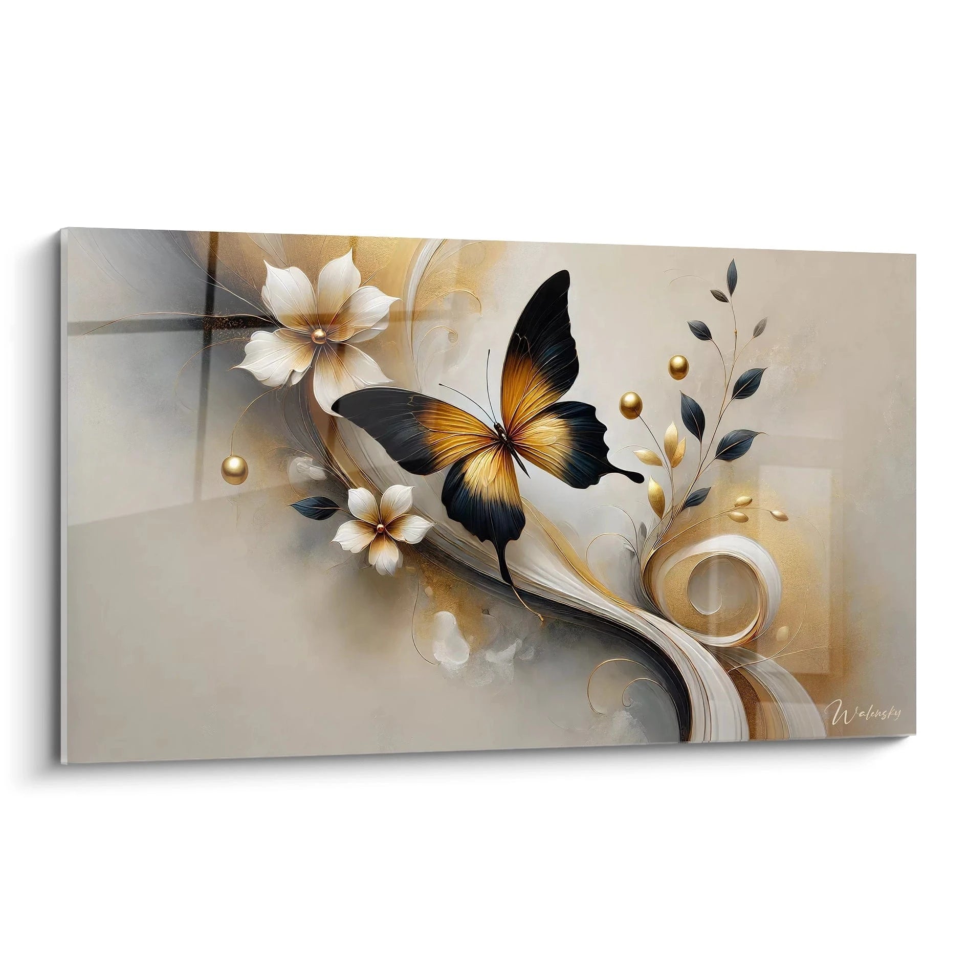 Tableau papillon majestueux vu de biais. Les nuances de noir et d'or apportent élégance et mystère. Un choix parfait pour une touche artistique et captivante dans votre intérieur.