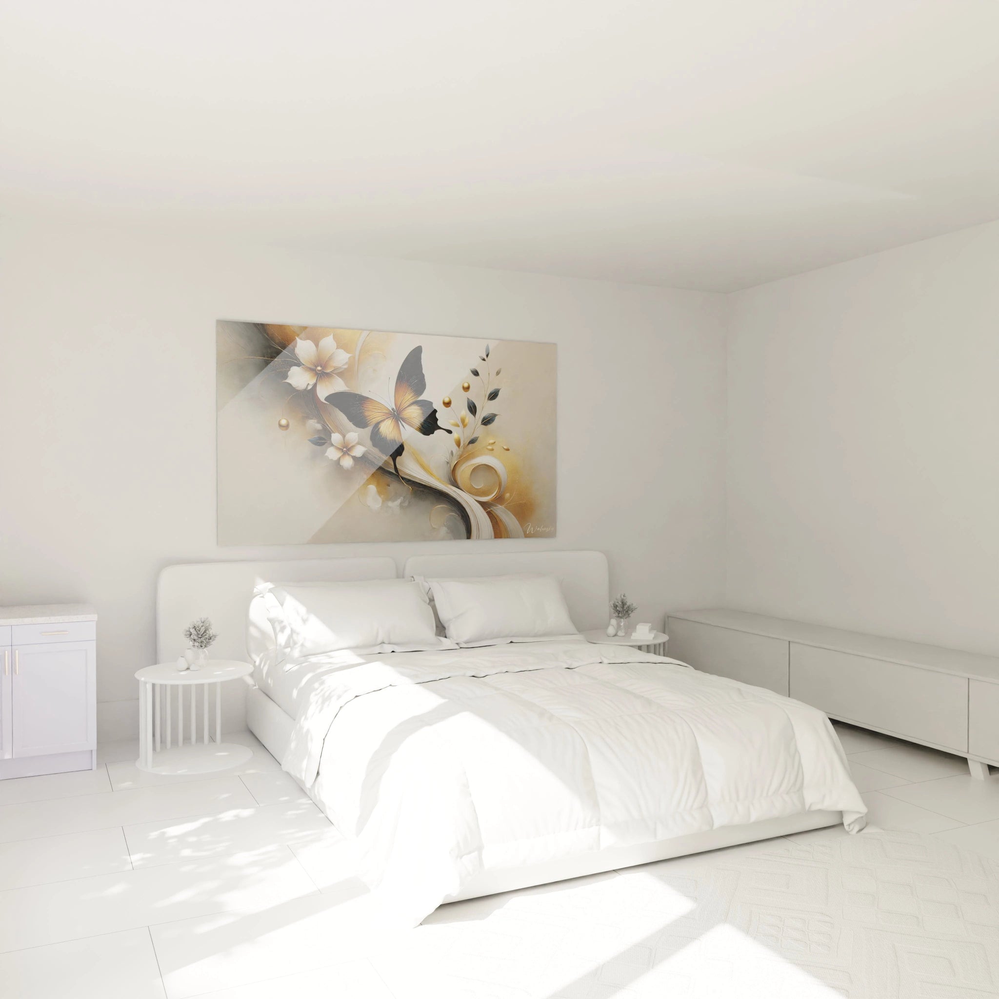 Tableau papillon accroché au-dessus du lit dans une chambre. Les couleurs noir, or et blanc créent une ambiance élégante et apaisante, ajoutant un point focal puissant et raffiné.