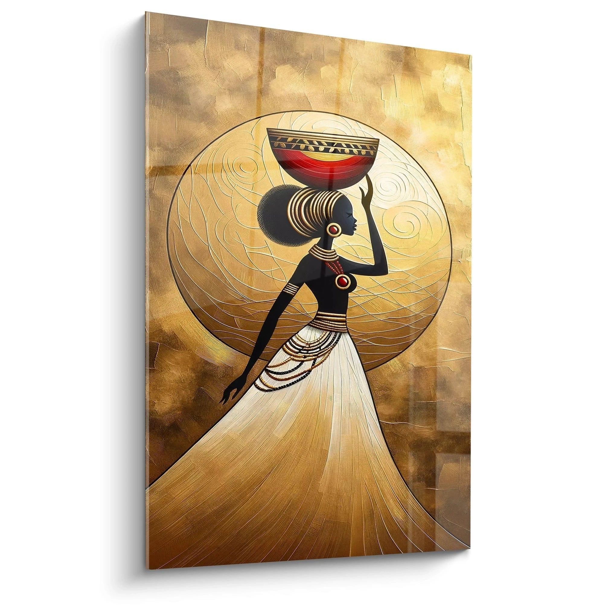 Vue de biais d'un tableau africain moderne en or rouge et noir, illustrant une femme élégante portant un panier, sur un fond doré symbolisant la chaleur et l'harmonie naturelle de l'Afrique.
