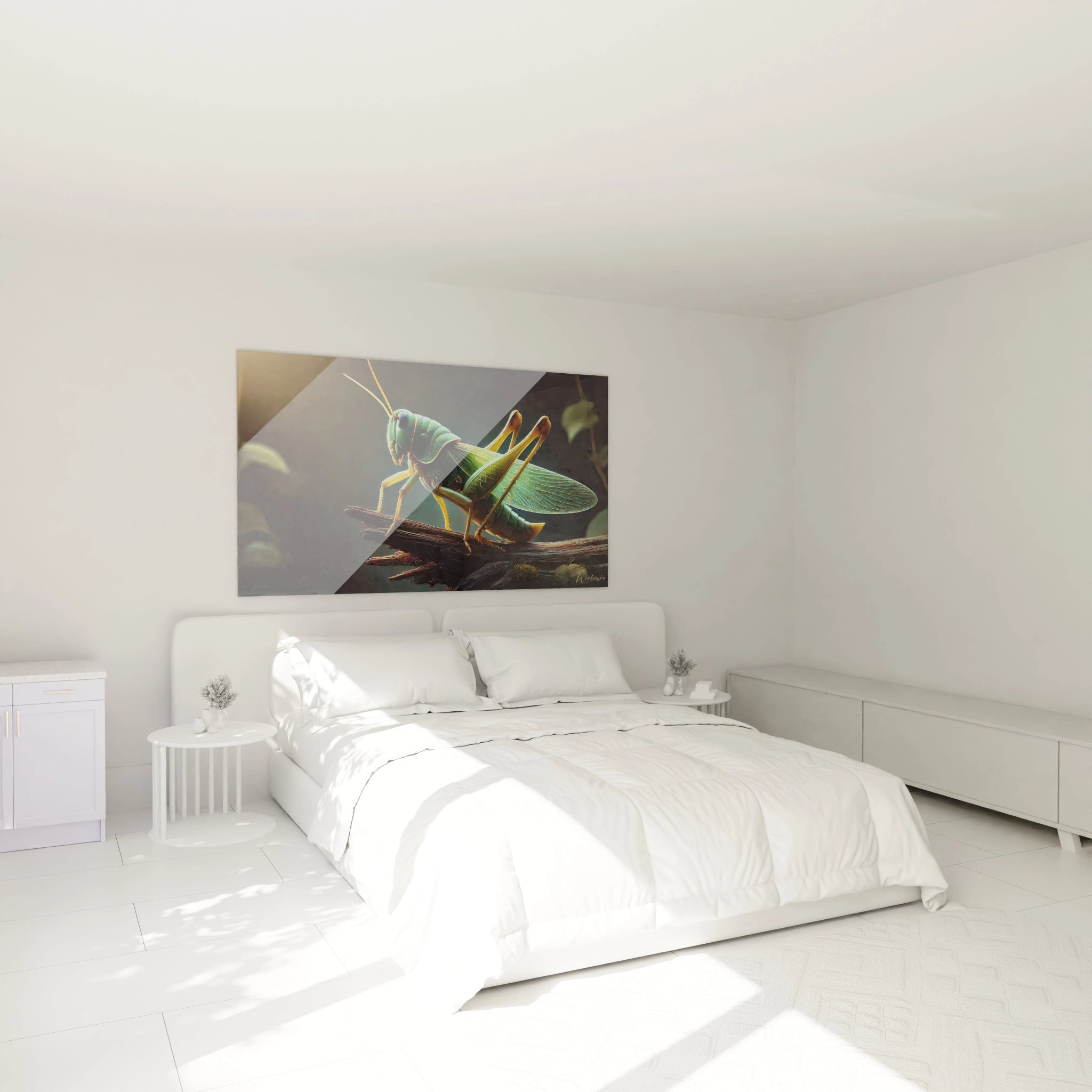 tableau insecte dans une chambre au dessus du lit offre une atmosphère calme et apaisante la sauterelle réaliste émerge dans une lumière douce apportant une touche de nature à la décoration