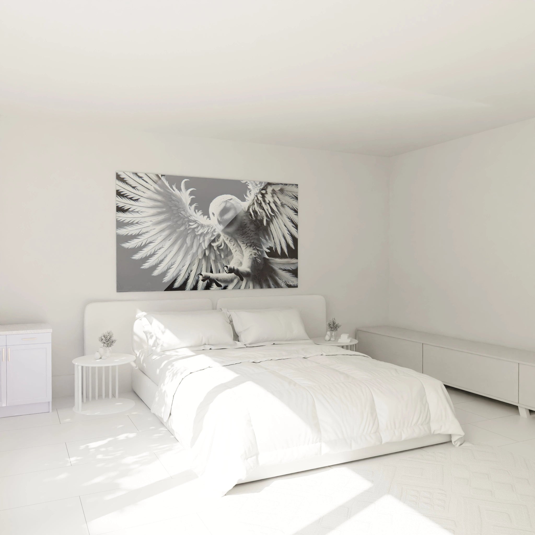 tableau chouette au dessus du lit pour une chambre pleine de serenite et de force. Les ailes deployees et le regard perçant de la chouette ajoutent une touche majestueuse a votre interieur.