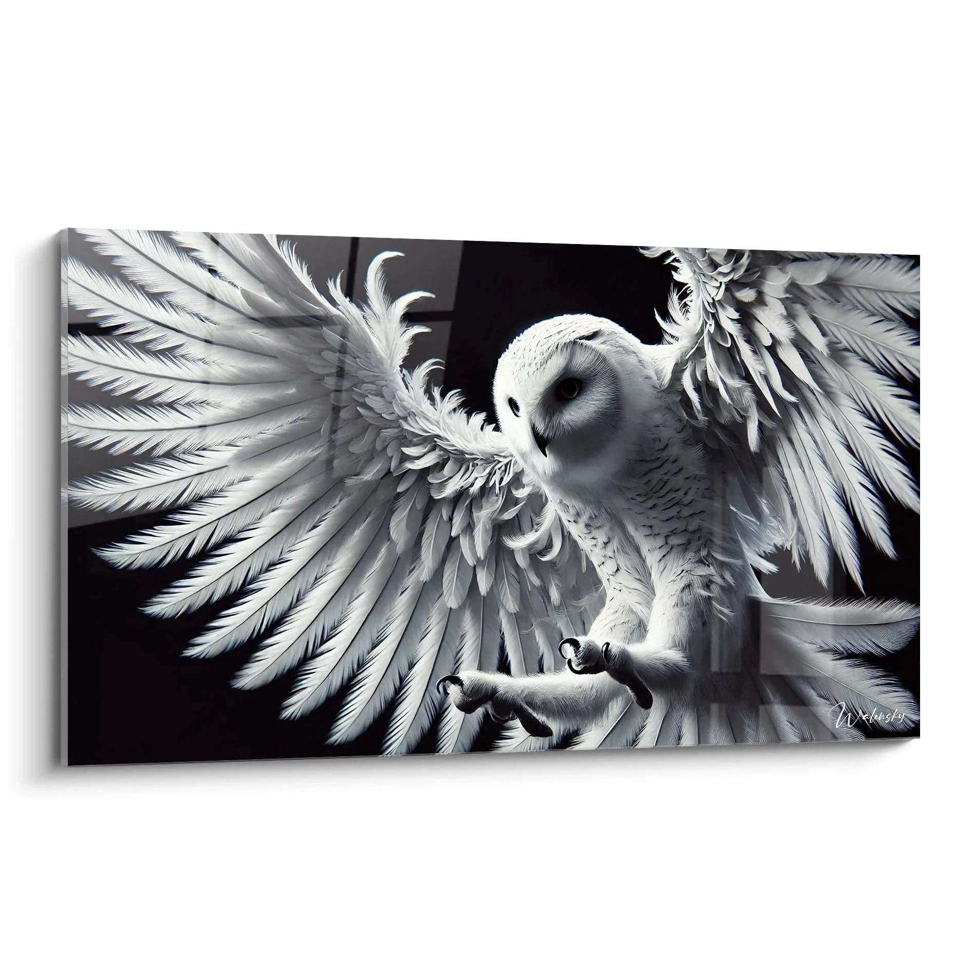 tableau chouette vue de biais mettant en valeur chaque plume detaillee et le contraste saisissant entre le fond sombre et le plumage blanc. Ideal pour ajouter dynamisme a votre deco.
