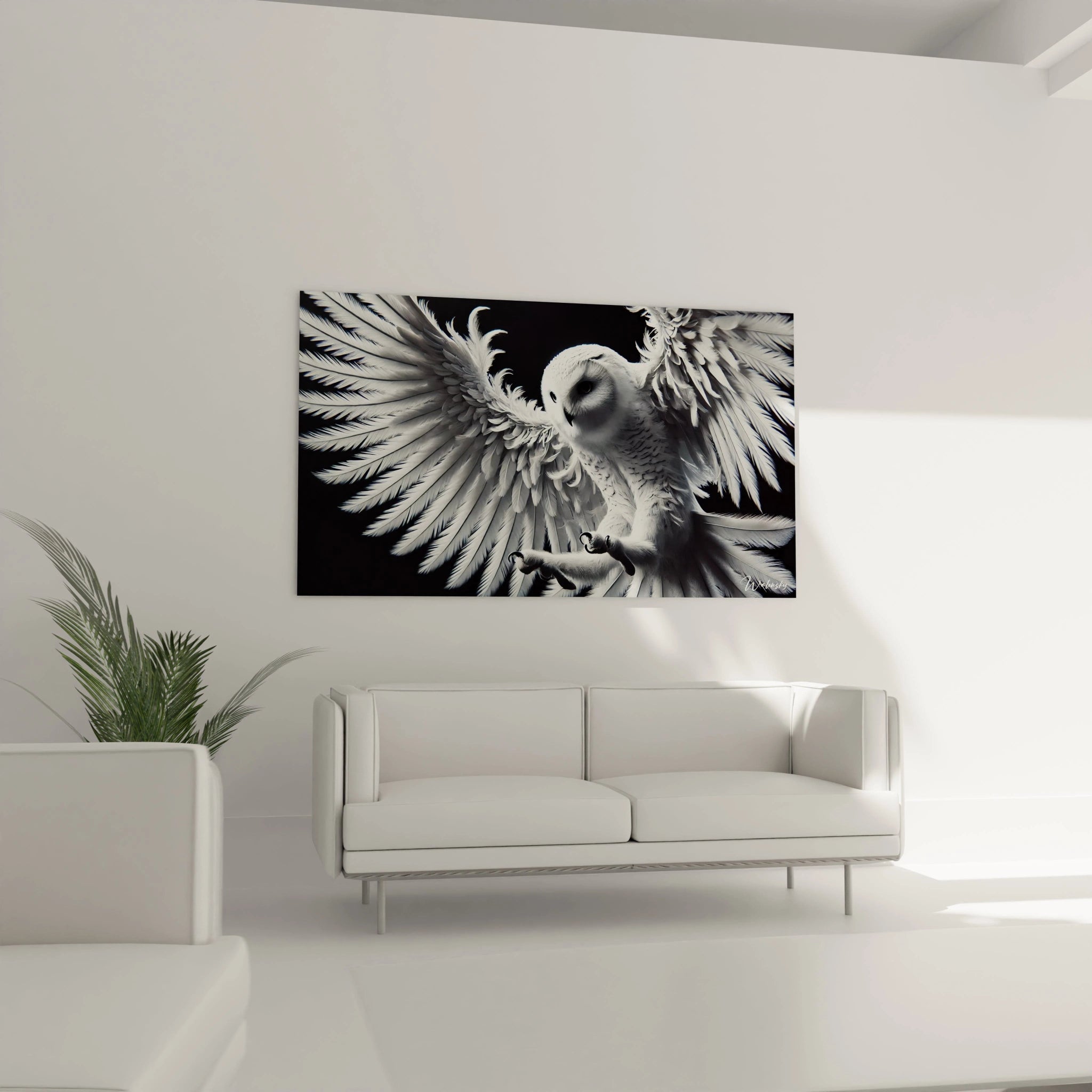 tableau chouette dans un salon moderne au dessus du canape, apportant une touche de dynamisme. Le contraste entre le fond sombre et le plumage blanc capte l attention et enrichit la decoration.