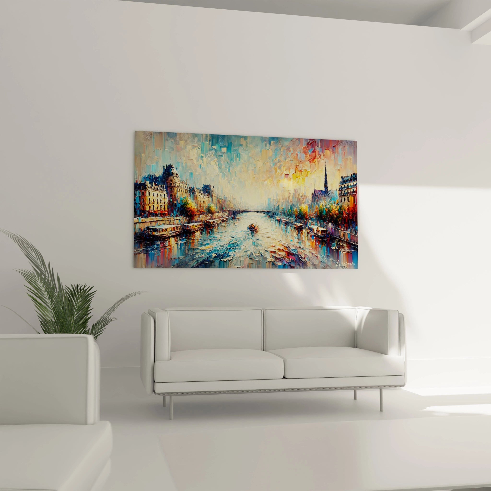 tableau La Seine accroché au mur d’un salon surplombant un canapé illumine la pièce avec ses nuances vibrantes. Le bleu profond de la Seine et les reflets dorés ajoutent une touche parisienne sophistiquée.