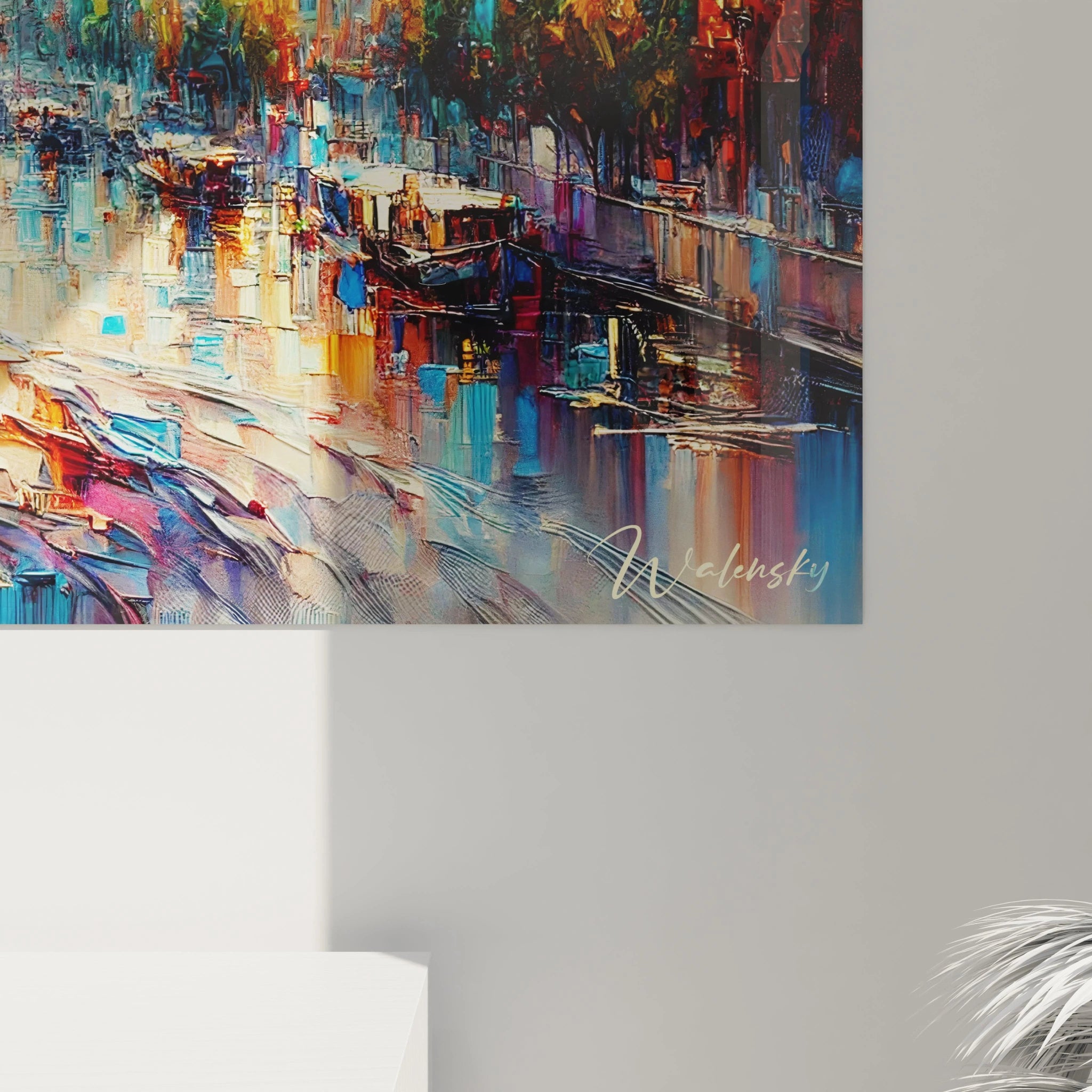 Vue rapprochée tableau La Seine dévoile les détails des textures riches. Les coups de pinceau traduisent l’éclat de l’eau et les reflets lumineux, capturant la beauté d’un instant parisien.