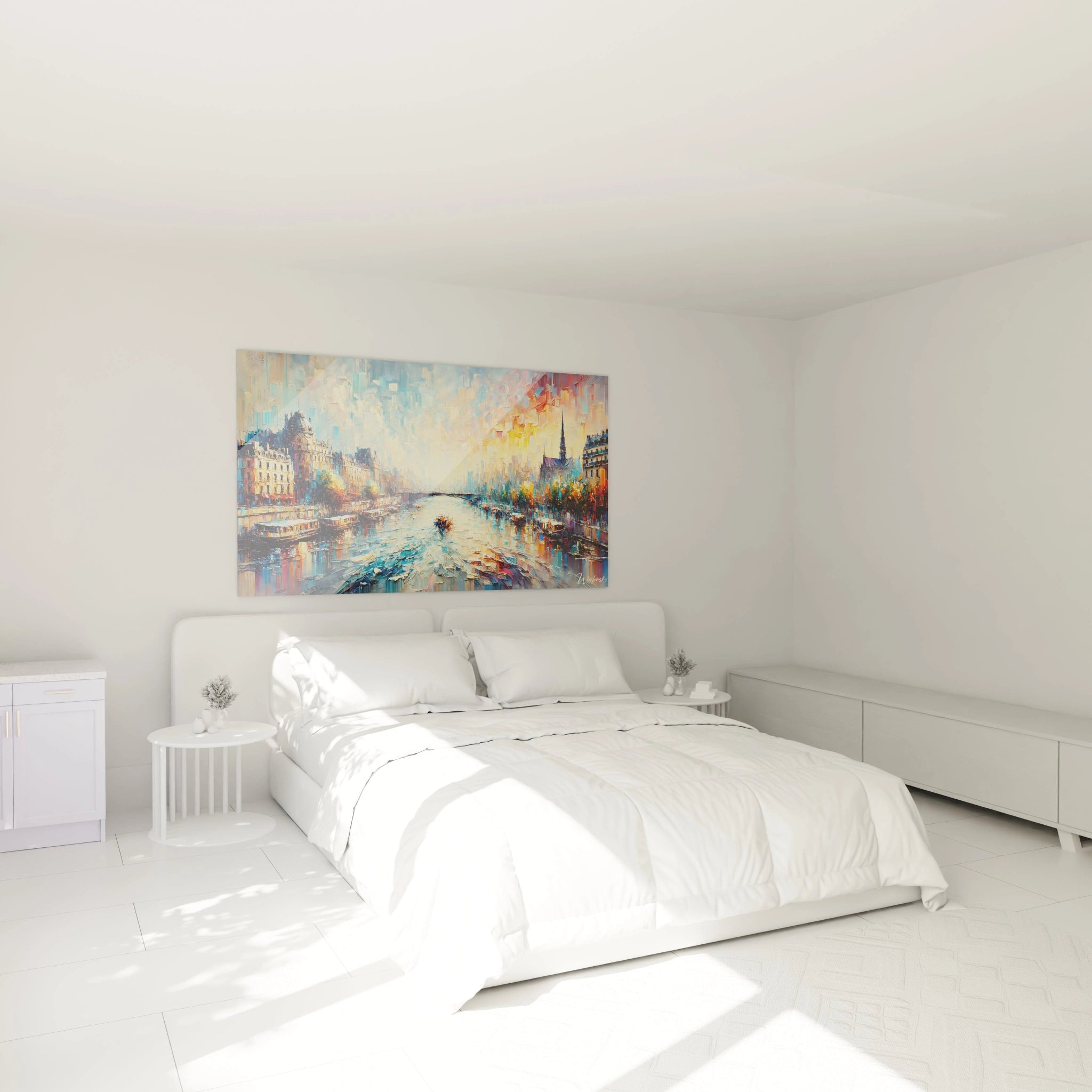 tableau La Seine au mur dans une chambre au-dessus du lit instaure une ambiance paisible. Les tons bleus et jaunes créent une atmosphère douce et lumineuse, idéale pour un espace de détente et de sérénité.