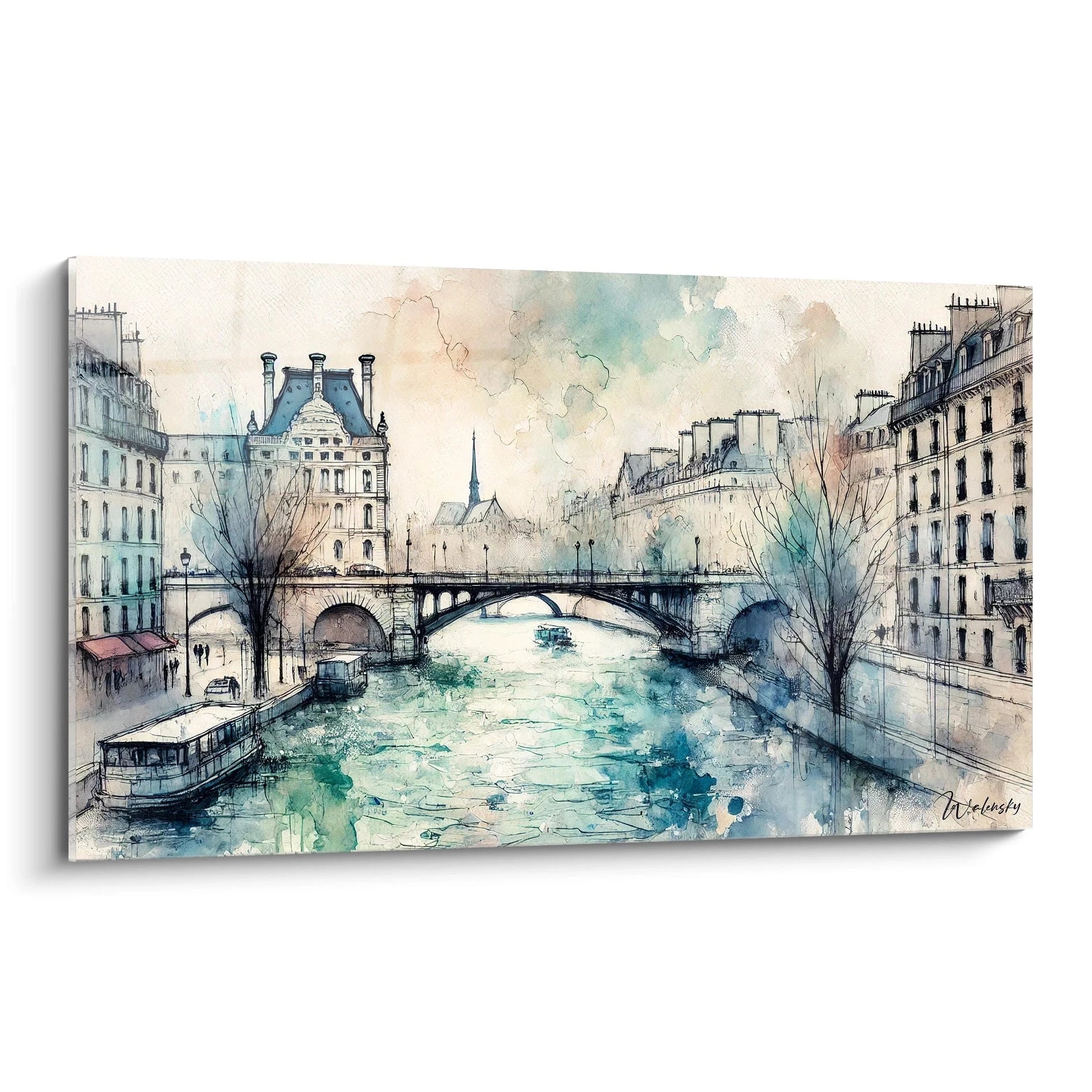tableau La Seine vu de biais dévoile une vue subtile des ponts parisiens et reflets aquatiques. Teintes douces en bleu et beige, capturant l’âme romantique de Paris dans une harmonie visuelle unique.