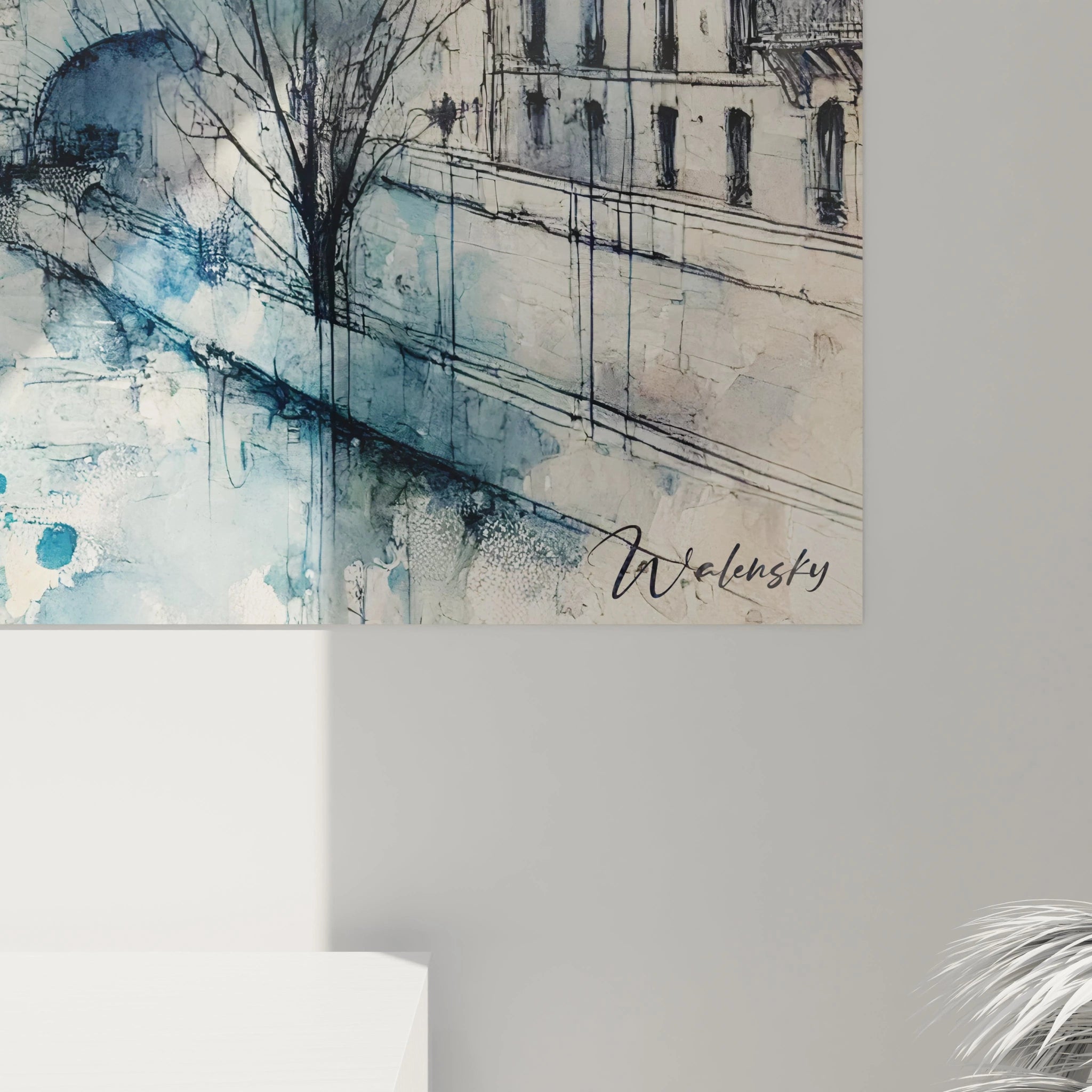 Vue rapprochée tableau La Seine révèle des textures fines et des nuances aquarellées. Les détails des quais et reflets dans l’eau évoquent une atmosphère parisienne douce et nostalgique.