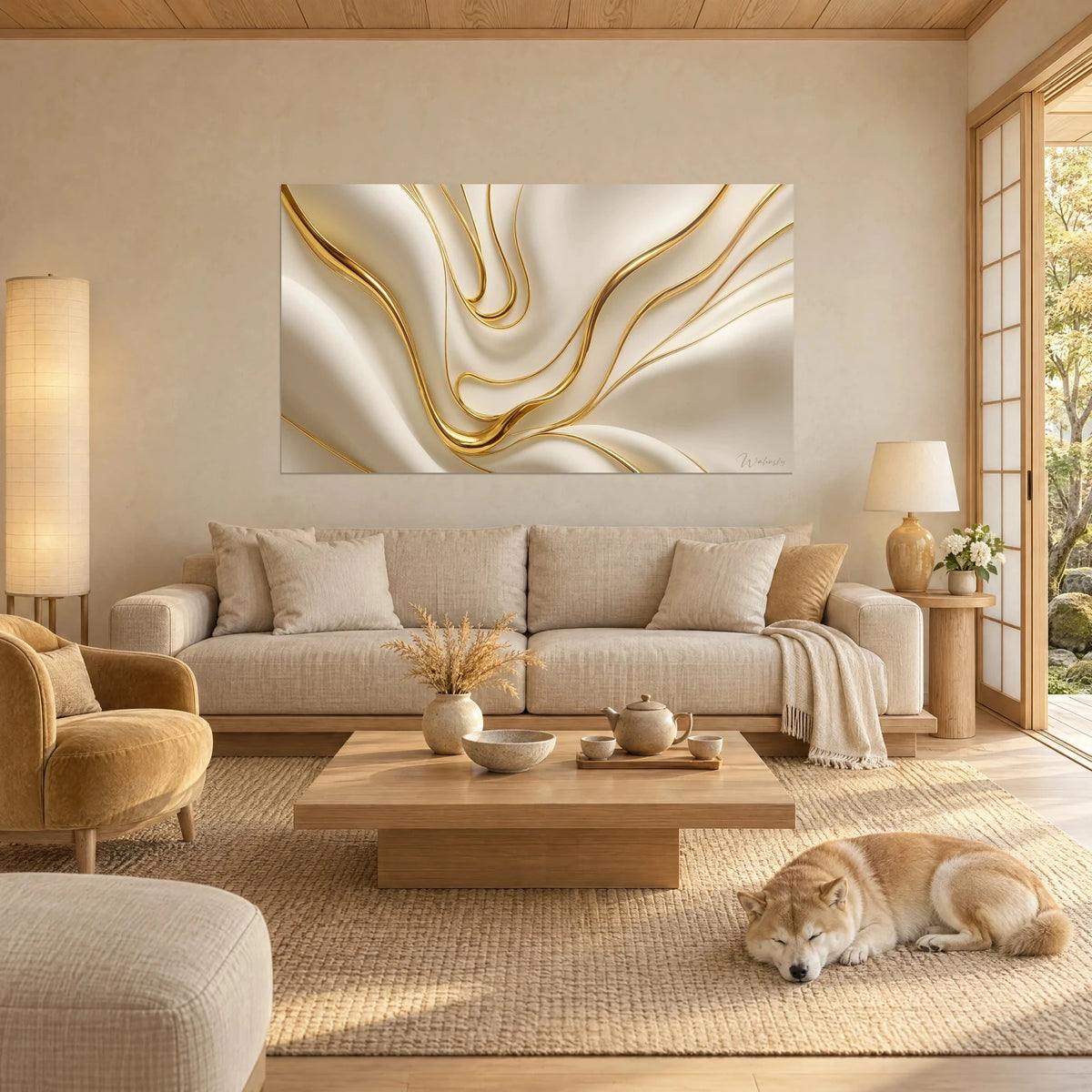 Wall art with golden ribbons rippling over cream silk, abstract relief; a red Shiba dozes above a sofa in a bright living room