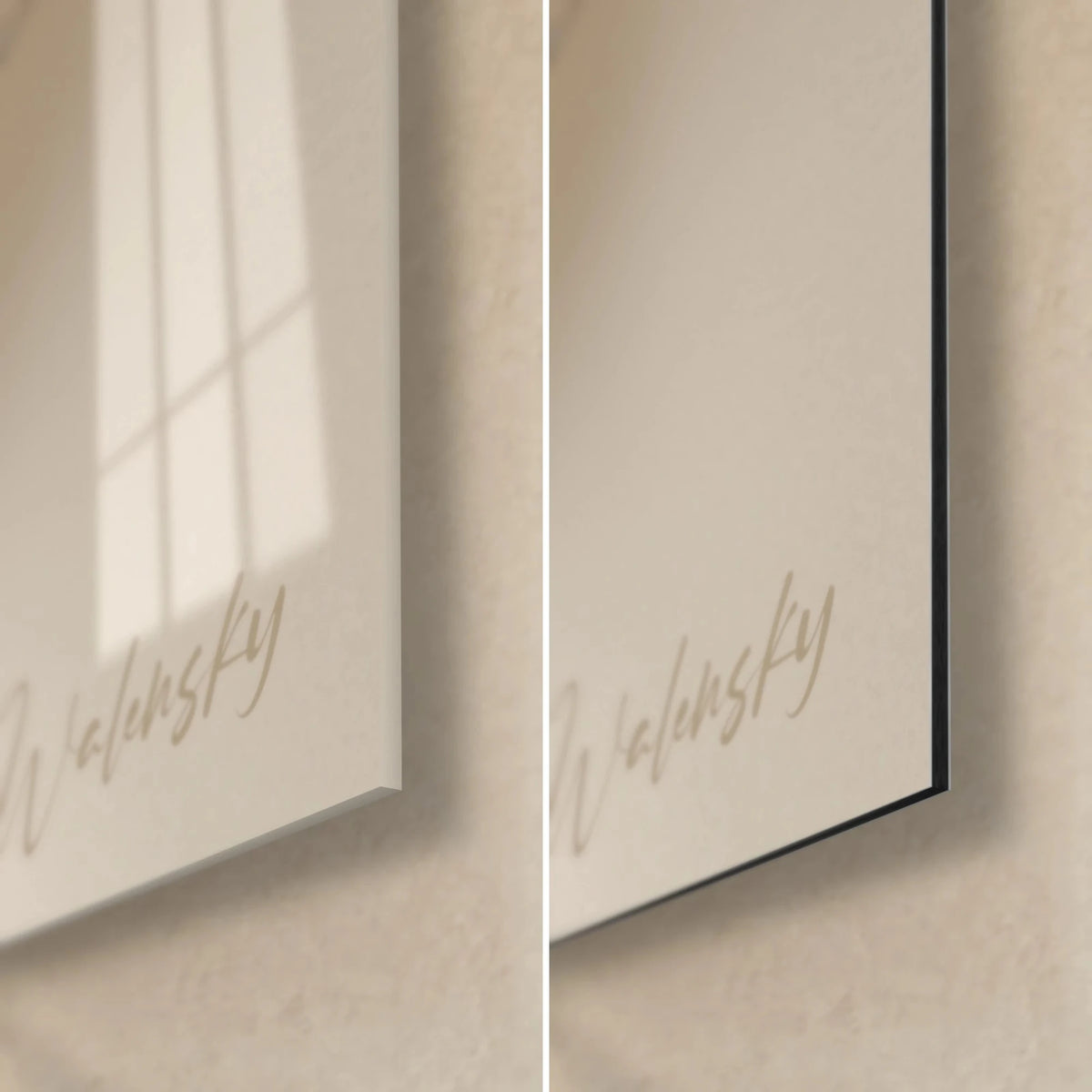 Wall art in cream silk with golden lines, lower right corner: glossy acrylic glass on the left, matte Dibond on the right, 3 mm edge