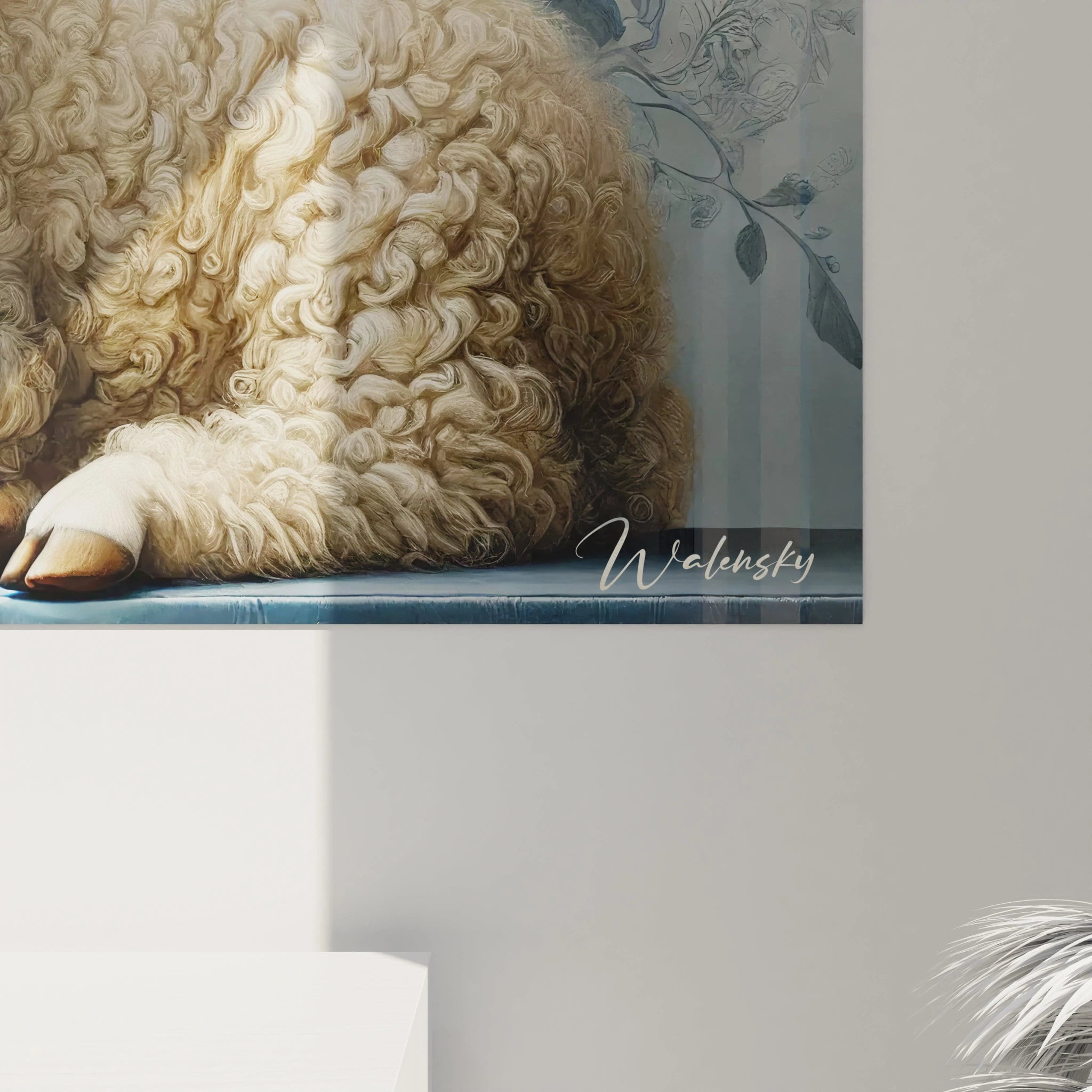 Découvrez de près ce tableau mouton et son incroyable jeu de textures. Le pelage détaillé et les fleurs en arrière-plan offrent une harmonie naturelle et une ambiance apaisante.