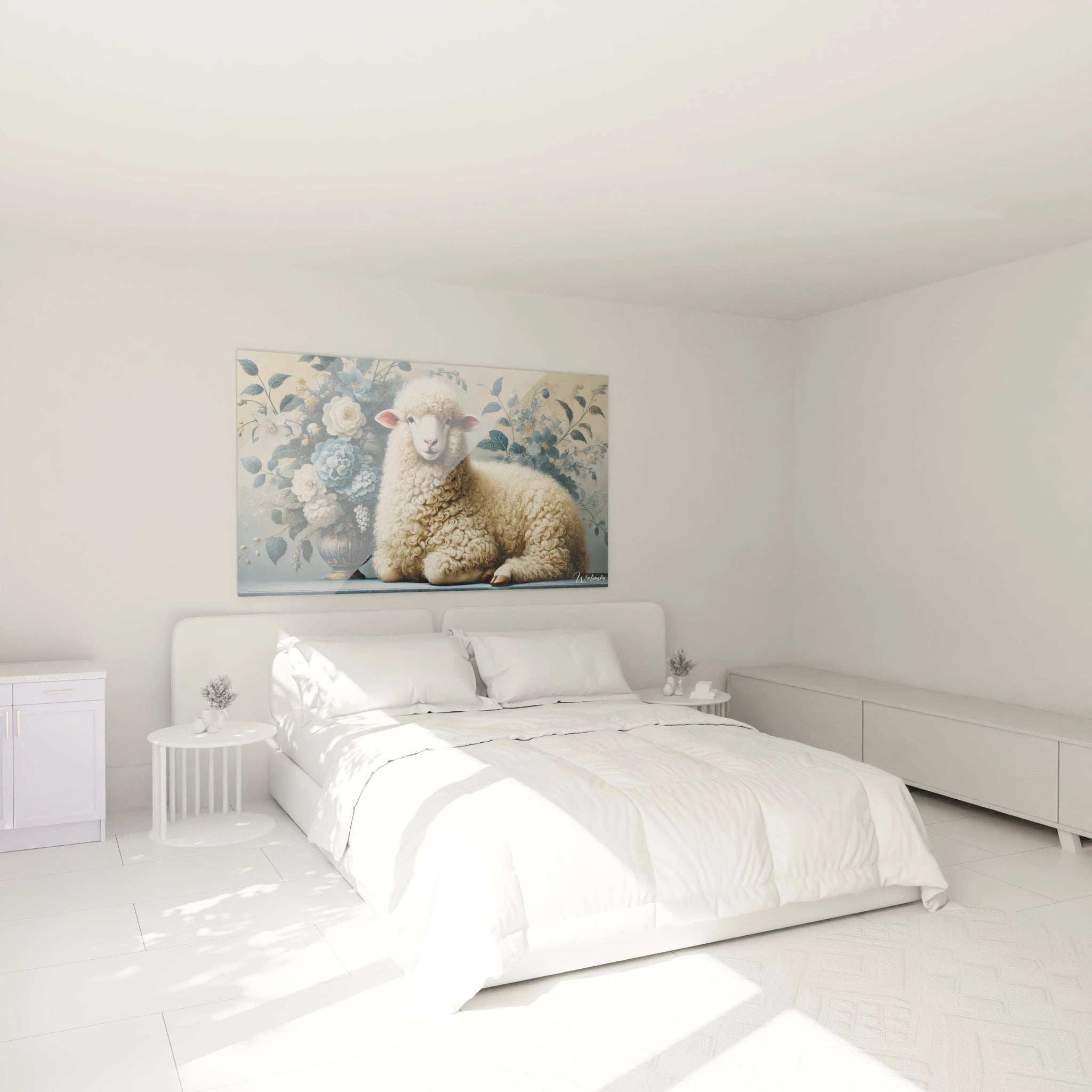 Apportez de la quiétude à votre chambre avec ce tableau mouton au dessus du lit. Ses détails floraux et sa palette apaisante de blanc et bleu créent une atmosphère relaxante.