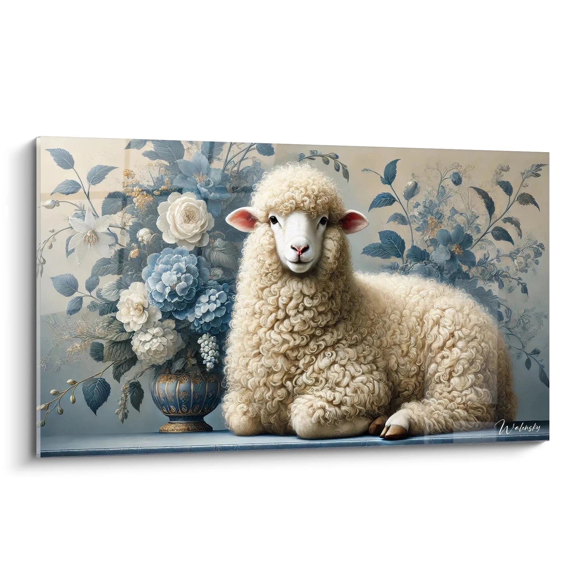 Admirez la sérénité d un tableau mouton capturant la douceur dans un cadre floral. Parfait pour ajouter une touche naturelle à votre intérieur avec des tons harmonieux de blanc et bleu.