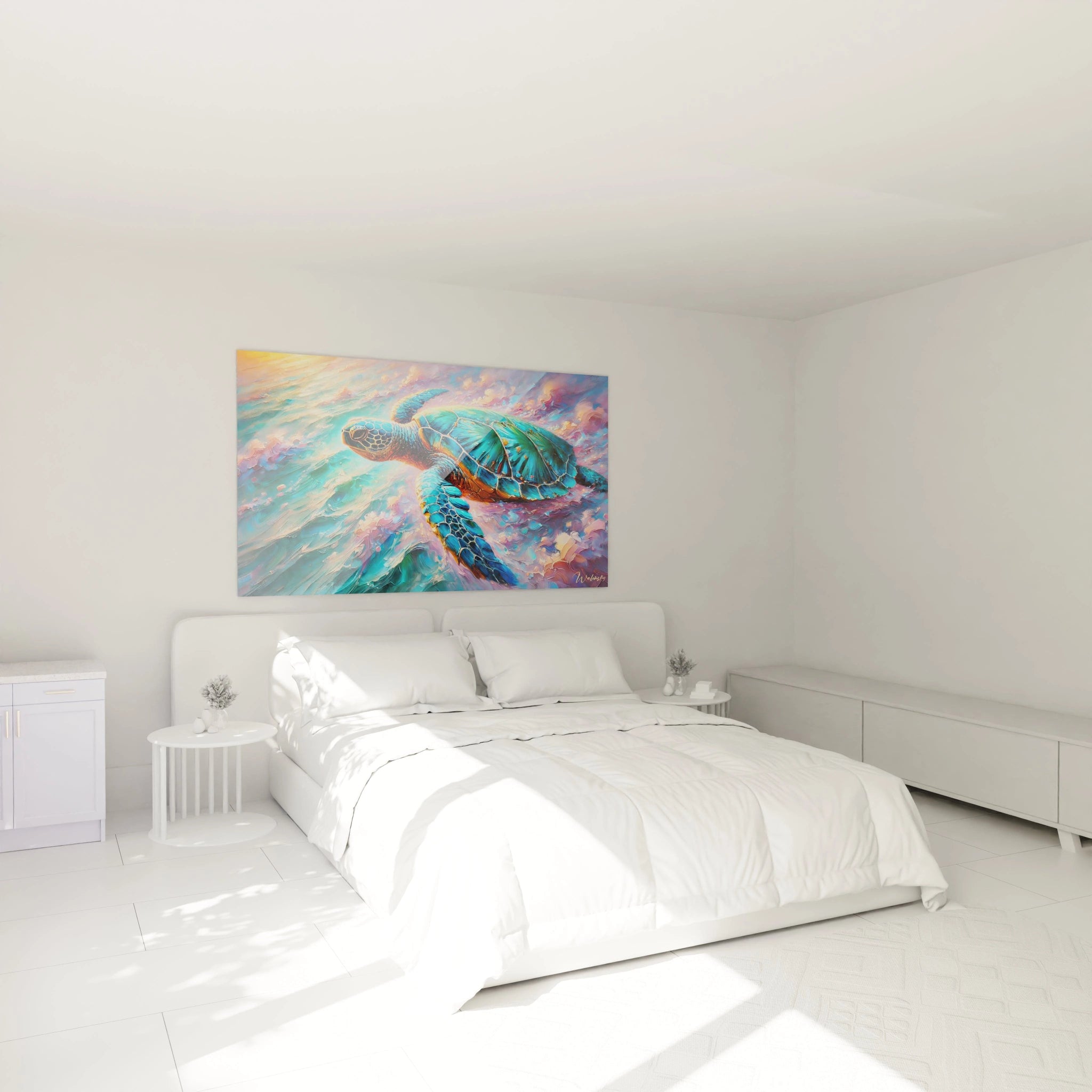 Accroche au-dessus d'un lit, ce tableau tortue de mer transforme votre chambre en un espace serein. Ses couleurs pastel evoquent un coucher de soleil tropical, apportant une touche d'exotisme naturel.