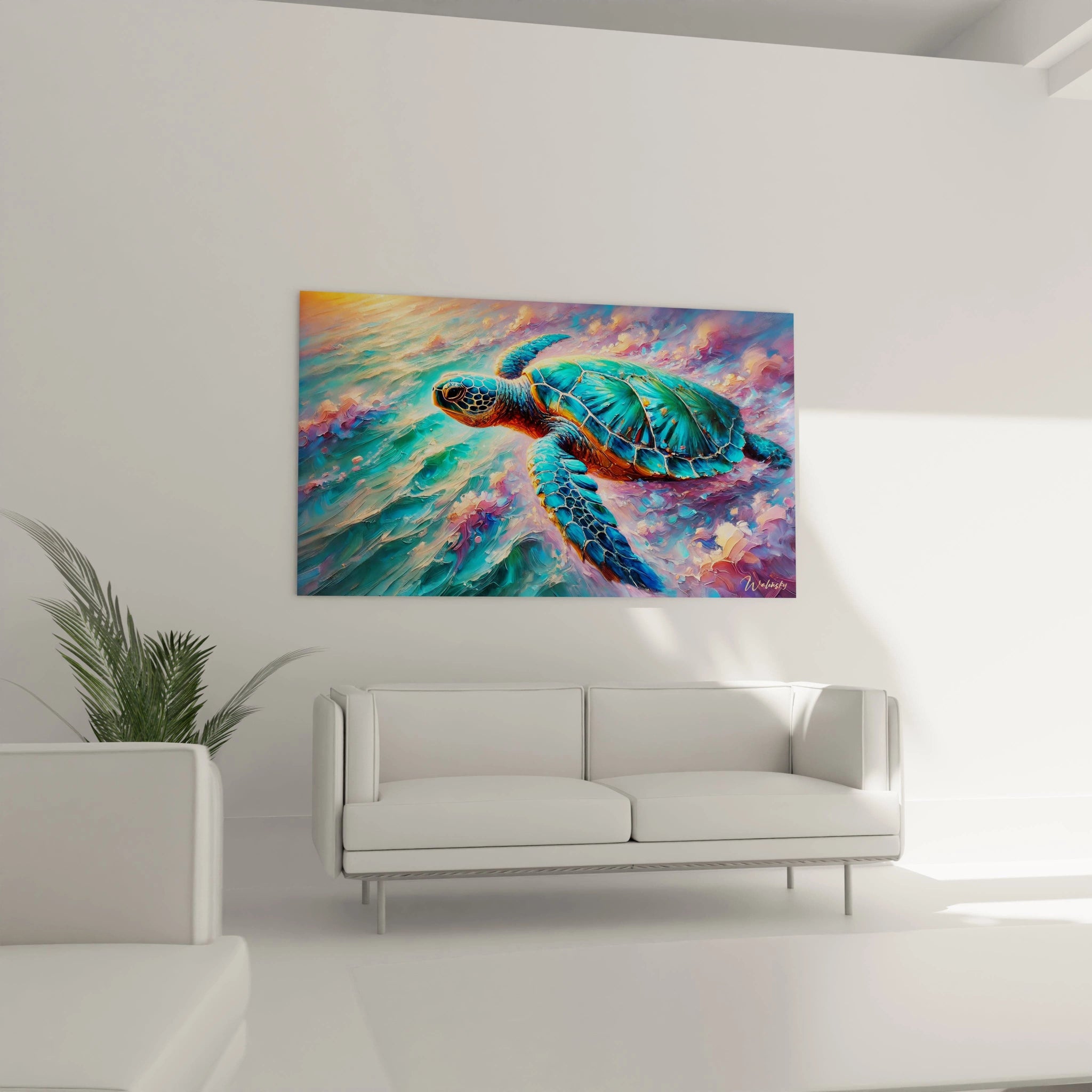 Ce tableau tortue de mer ajoute une ambiance oceane a votre salon. Suspendu au-dessus du canape, il attire le regard avec ses nuances dynamiques de bleu et vert et ses vagues oniriques.