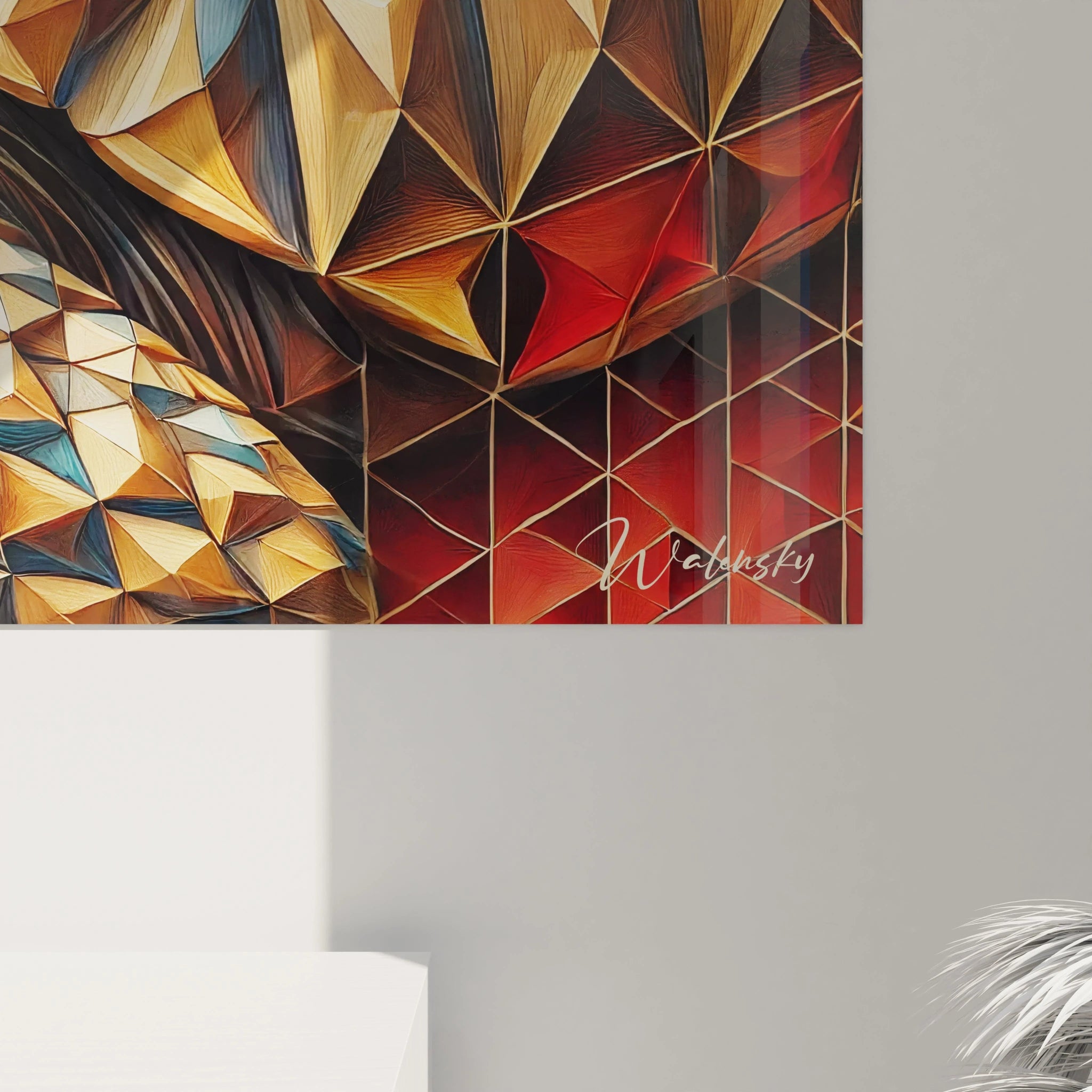 La vue de près du tableau tortue terrestre révèle des détails fascinants. Chaque facette triangulaire de la carapace crée un relief unique, accentuant les ombres et lumières pour une expérience visuelle immersive.