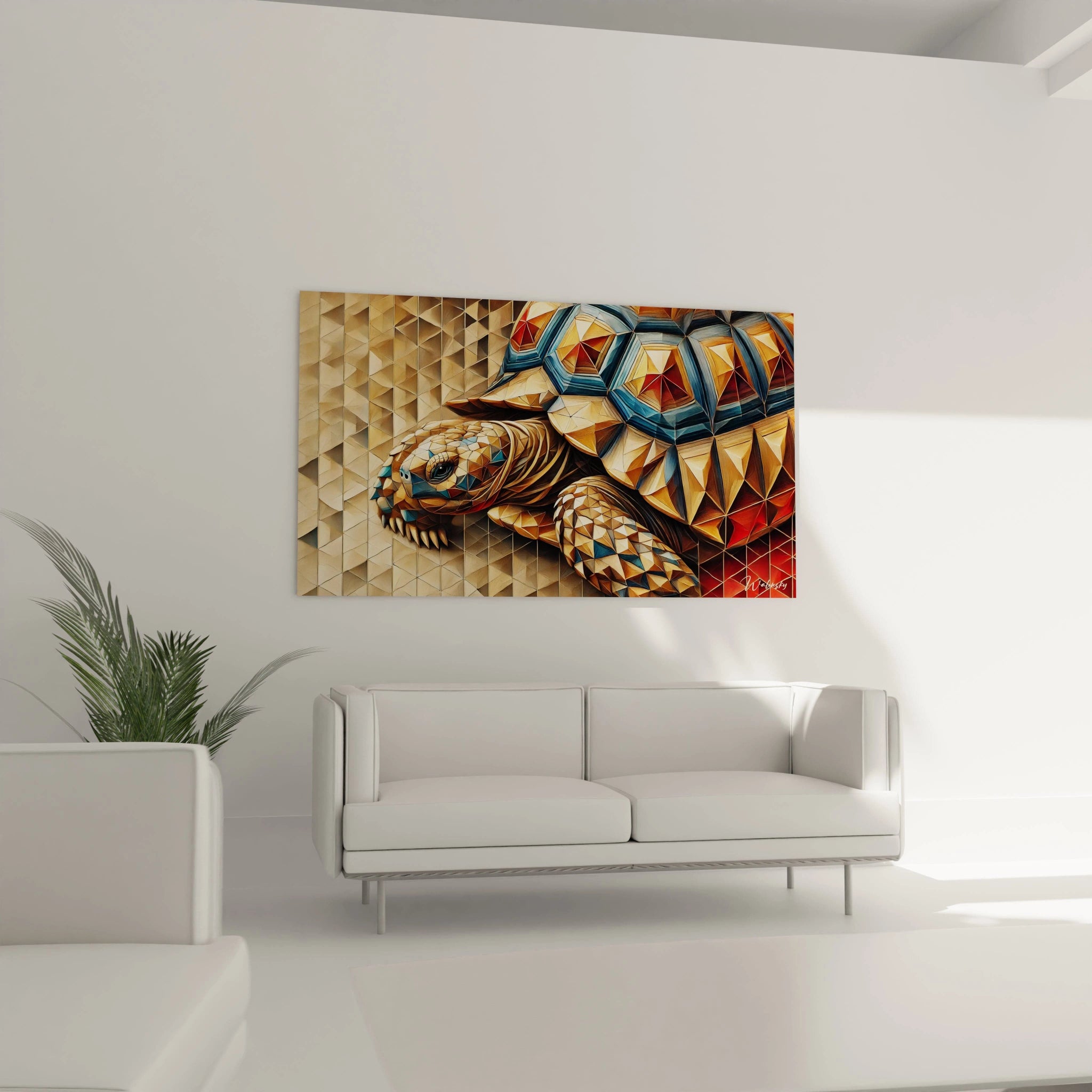 Accroché au mur au-dessus du canapé, ce tableau tortue terrestre transforme le salon. Ses formes prismatiques et couleurs contrastées dynamisent l'espace tout en offrant une esthétique avant-gardiste.
