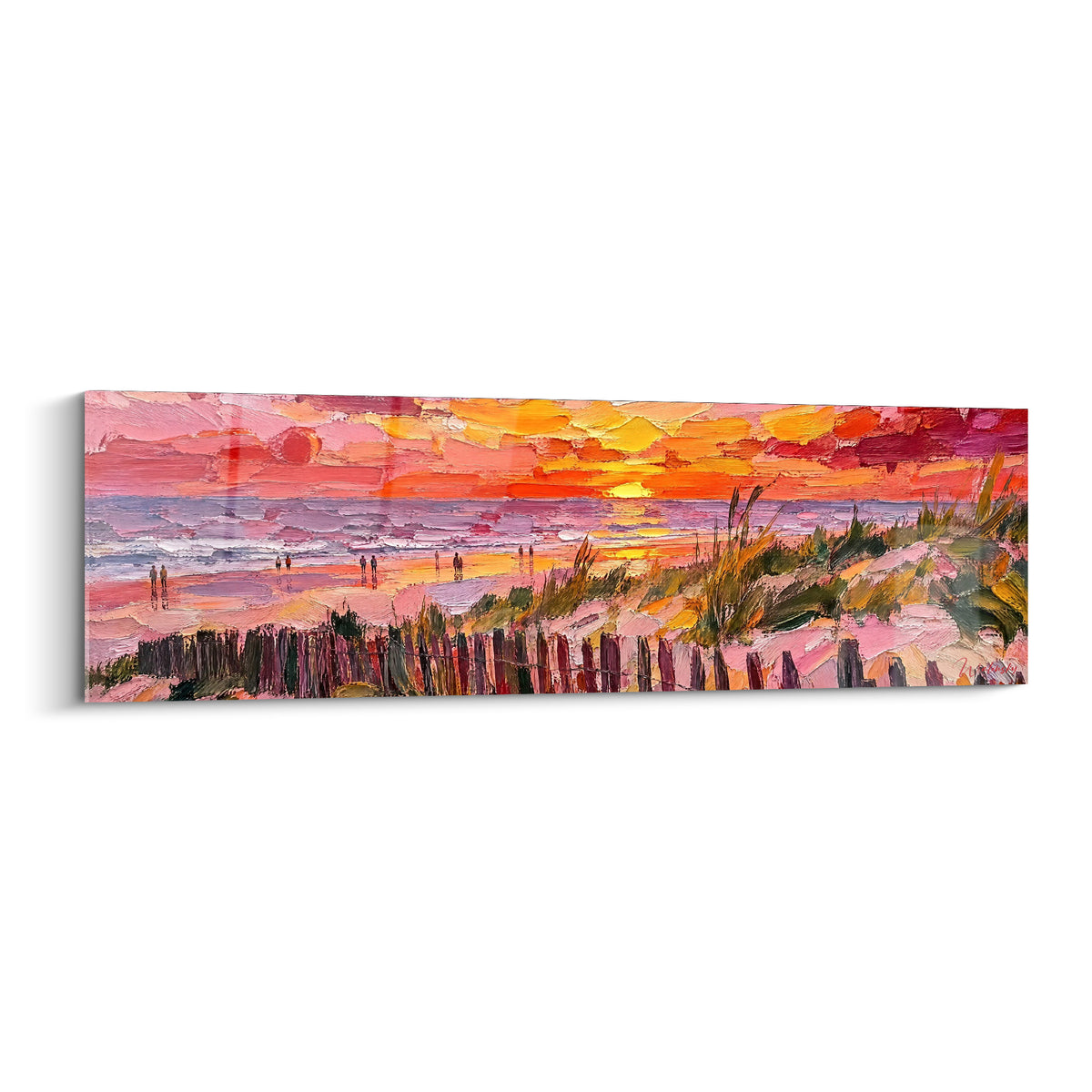 Wall art of a sandy dune painted in pink and orange at dusk, wooden fence and silhouetted walkers