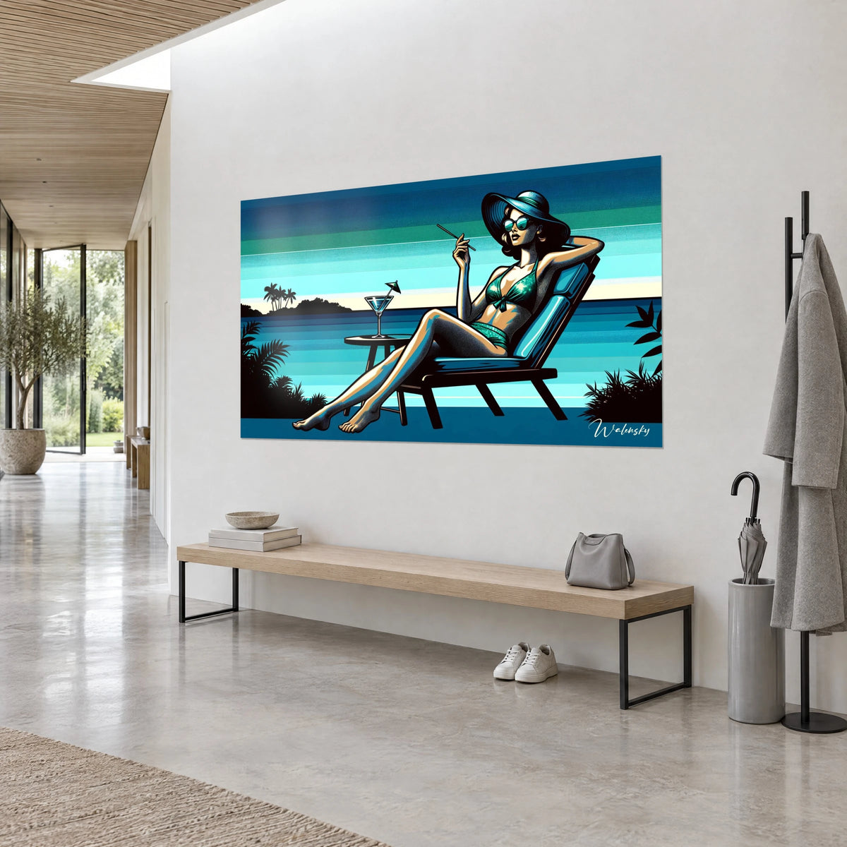 Cuadro bañista retro con sombrero de paja y gafas de espejo, cielo en franjas turquesa y marfil, vista de tres cuartos en un salón acristalado