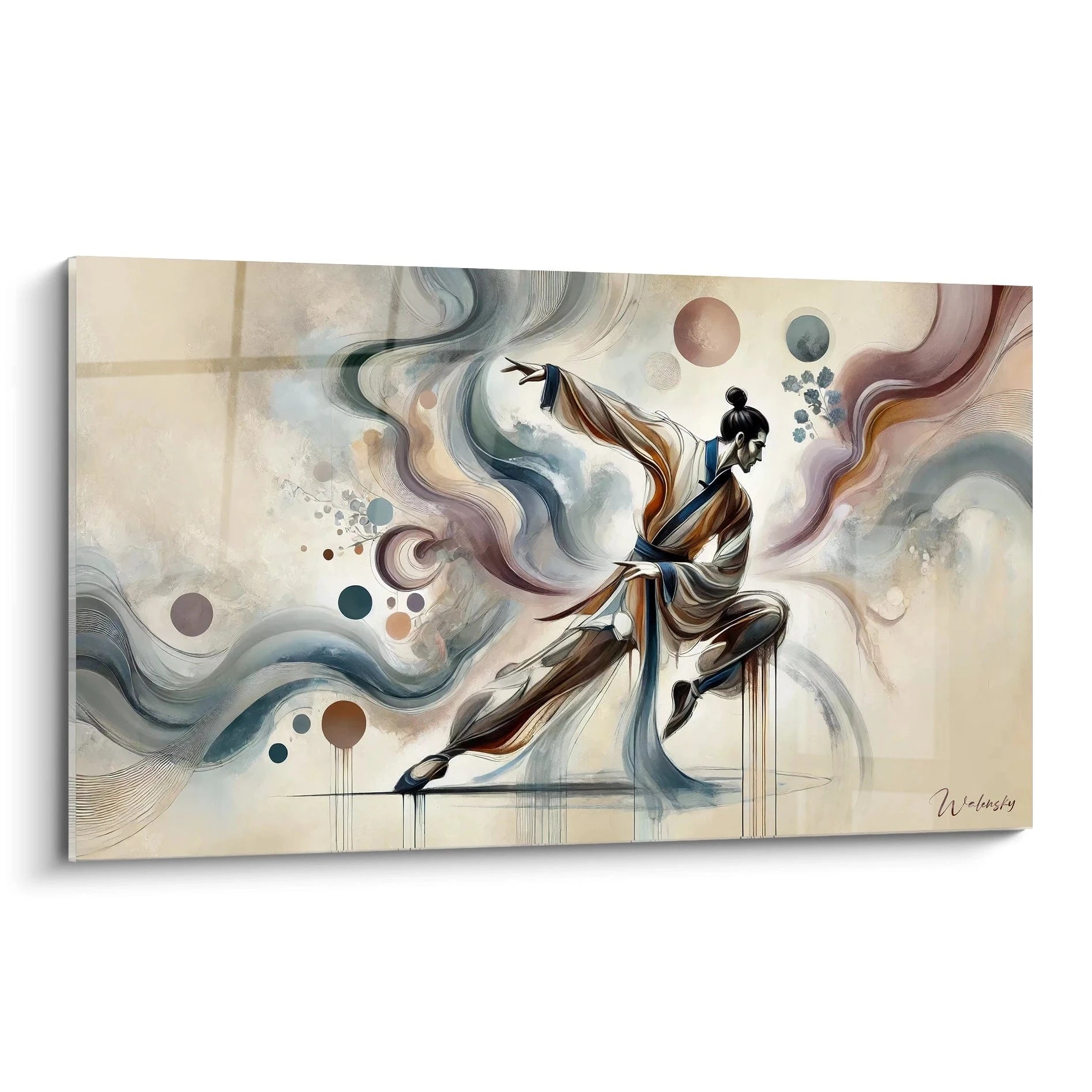tableau chinois vu de biais capturant la fluidite et l'harmonie des arts martiaux Un melange abstrait et realiste qui incarne la grace et la puissance du geste dans des tons beige marron et bleu