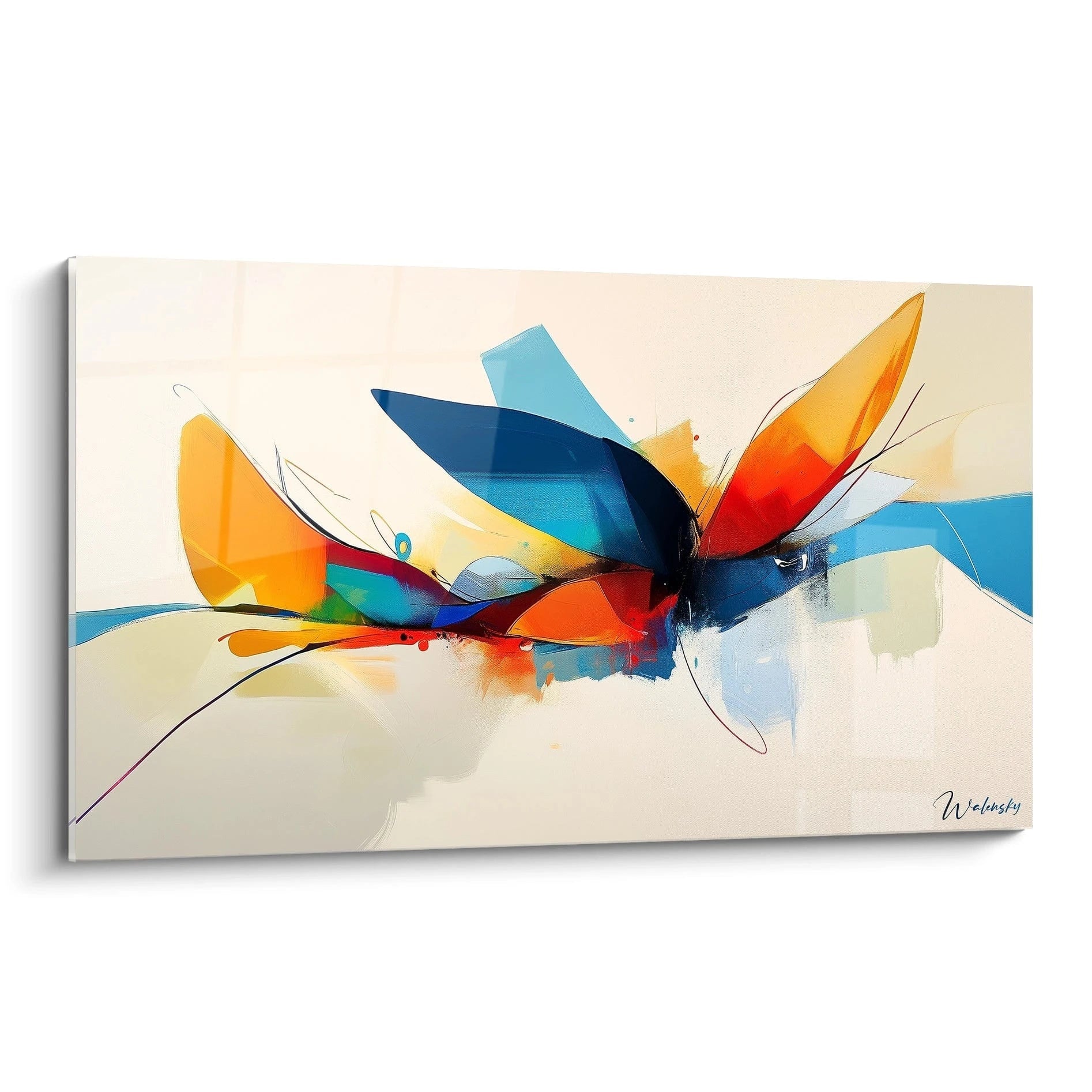 Un tableau artistique abstrait vibrant, présentant des lignes fluides et des teintes éclatantes de bleu, orange et rouge.