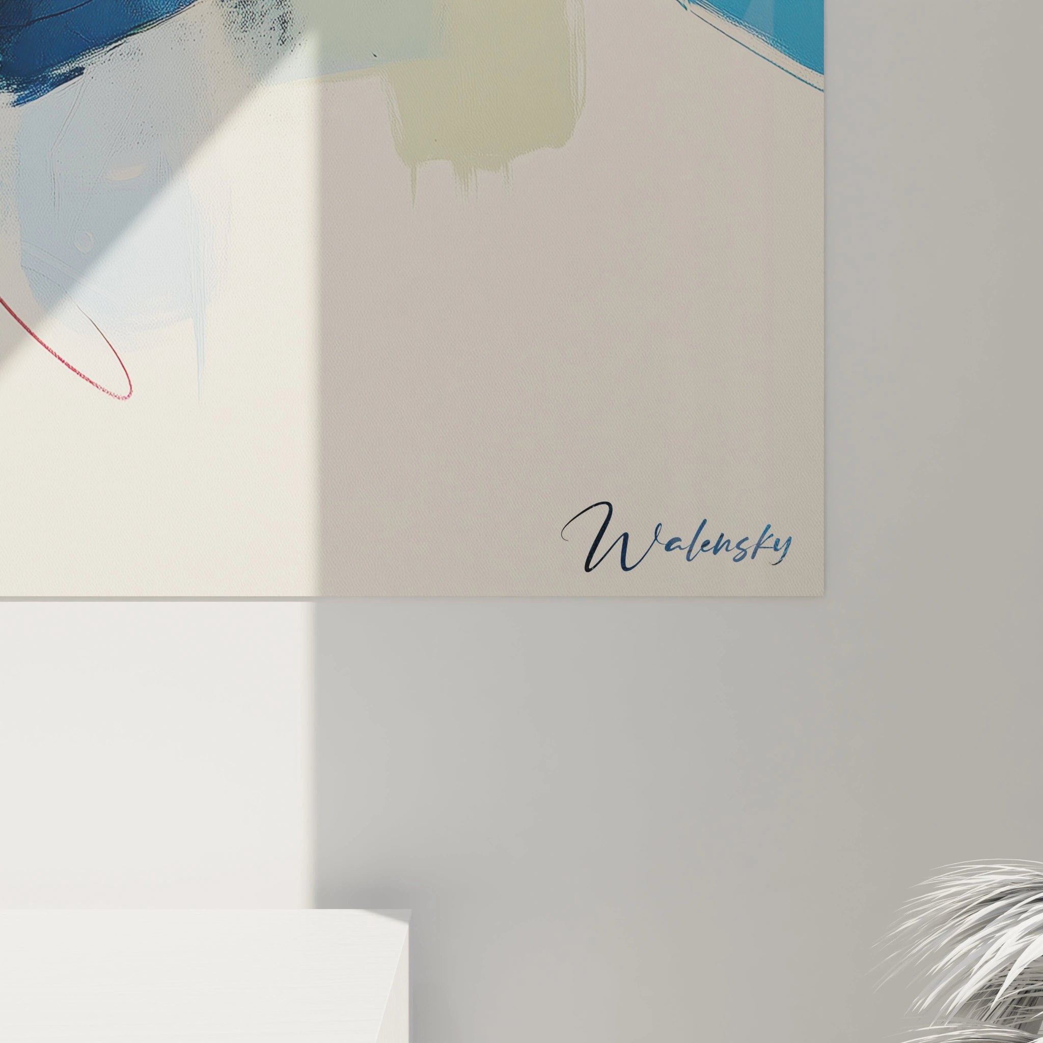 Un tableau abstrait aux couleurs vives, suspendu dans une salle de réunion, dynamisant l’atmosphère.