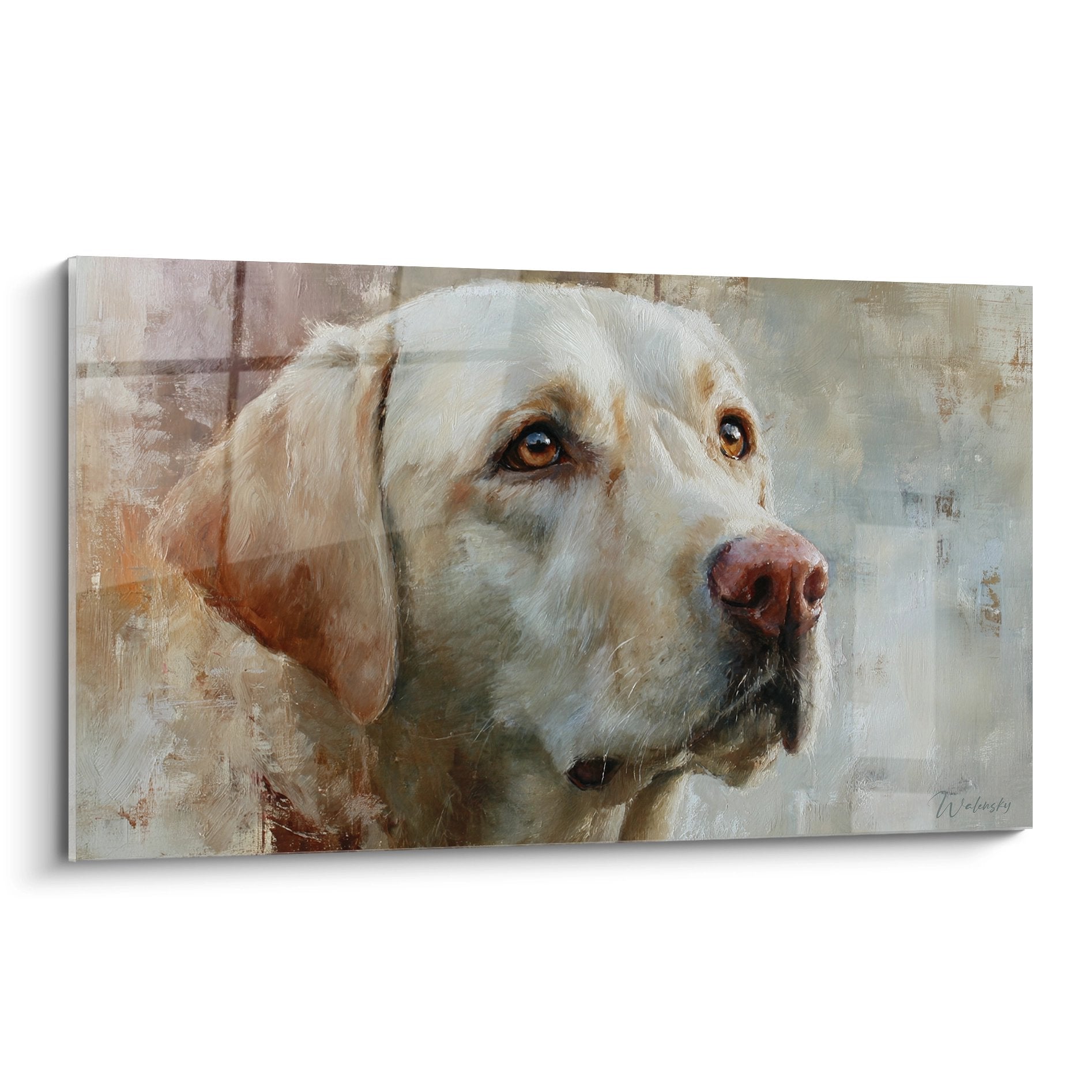 Artistic portrait white labrador with amber eyes tender gaze realistic painting beige ochre tones