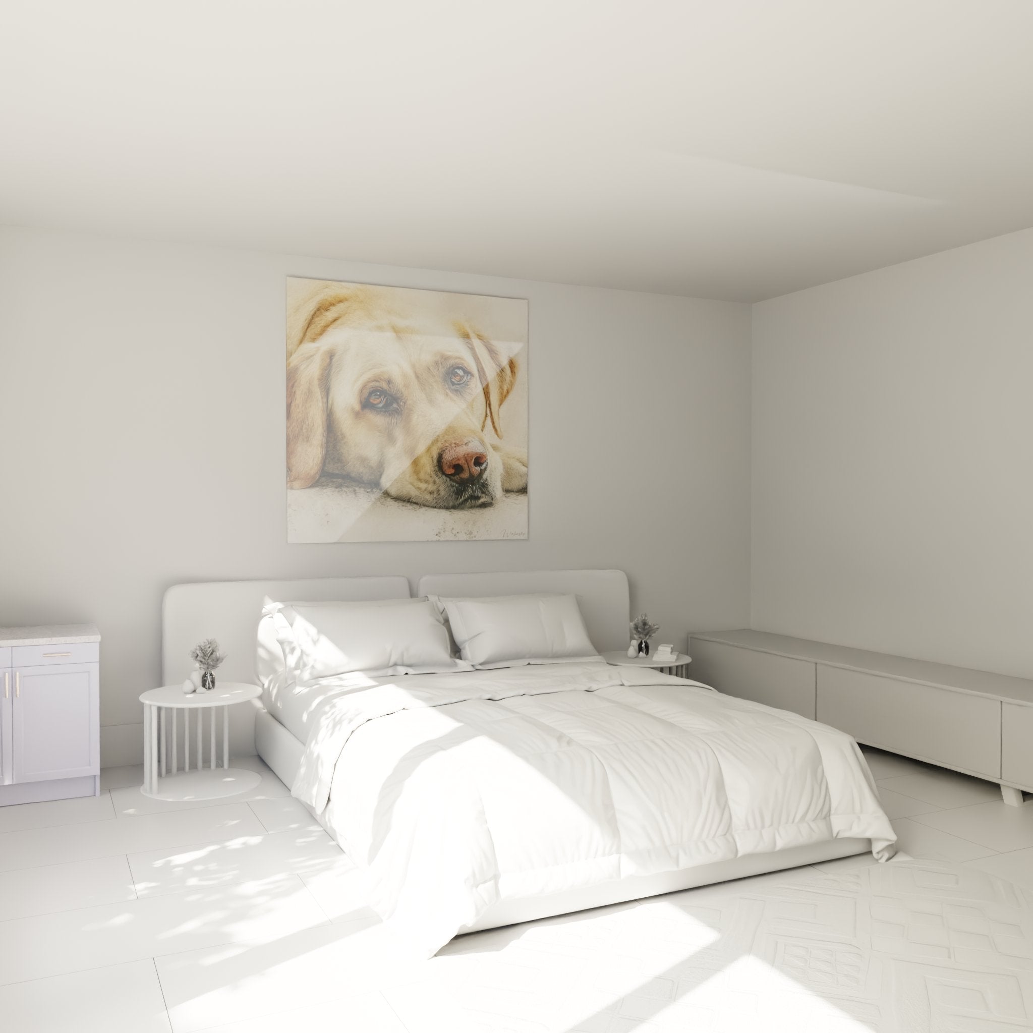 Golden Labrador Wall Art in Modern Bedroom, Warm Mural Decor with Natural Tones