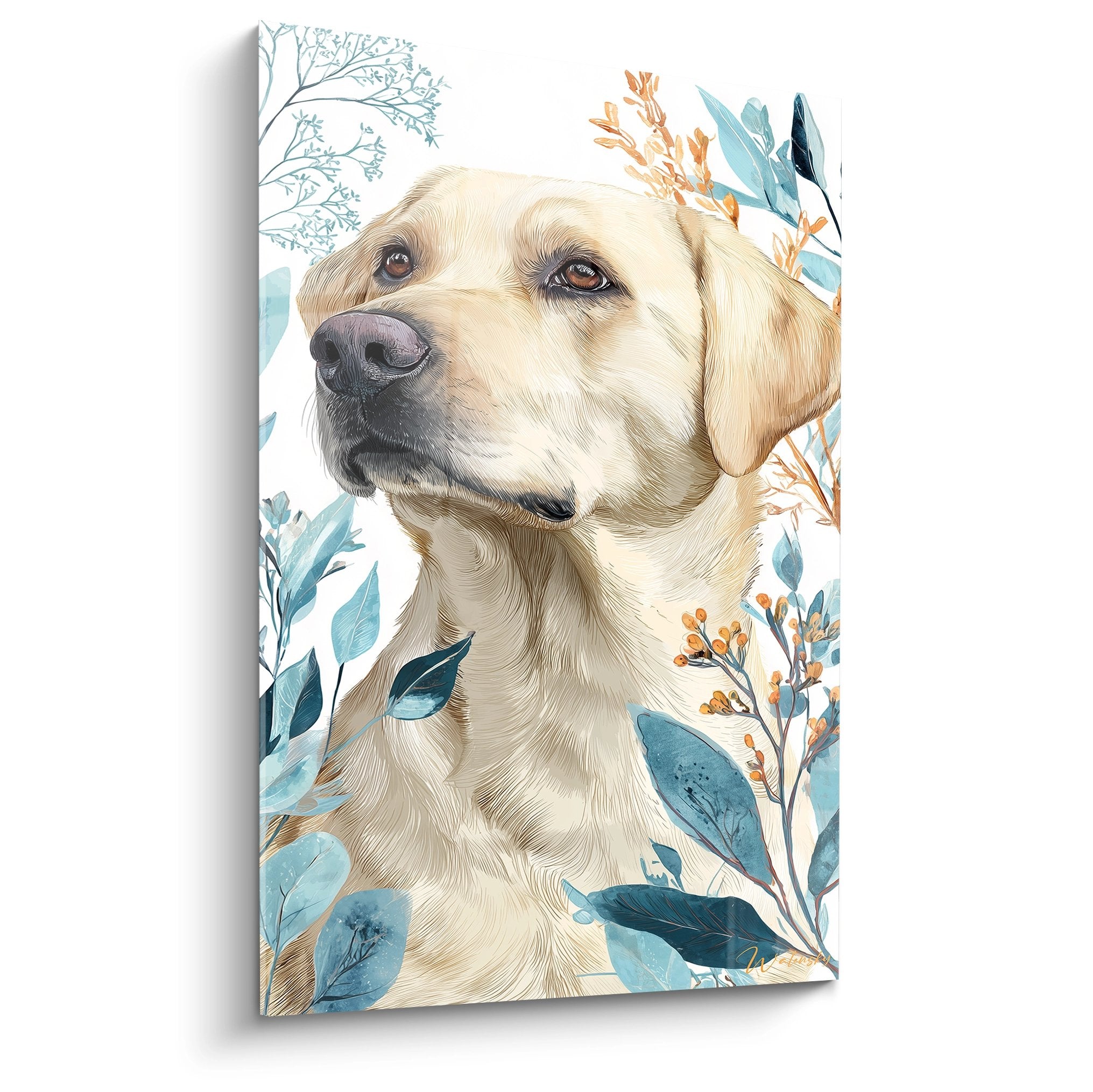 Porträt eines Golden Retrievers mit sanftem Blick, umgeben von blauen Blättern und orangefarbenen Ästen – Tierbild