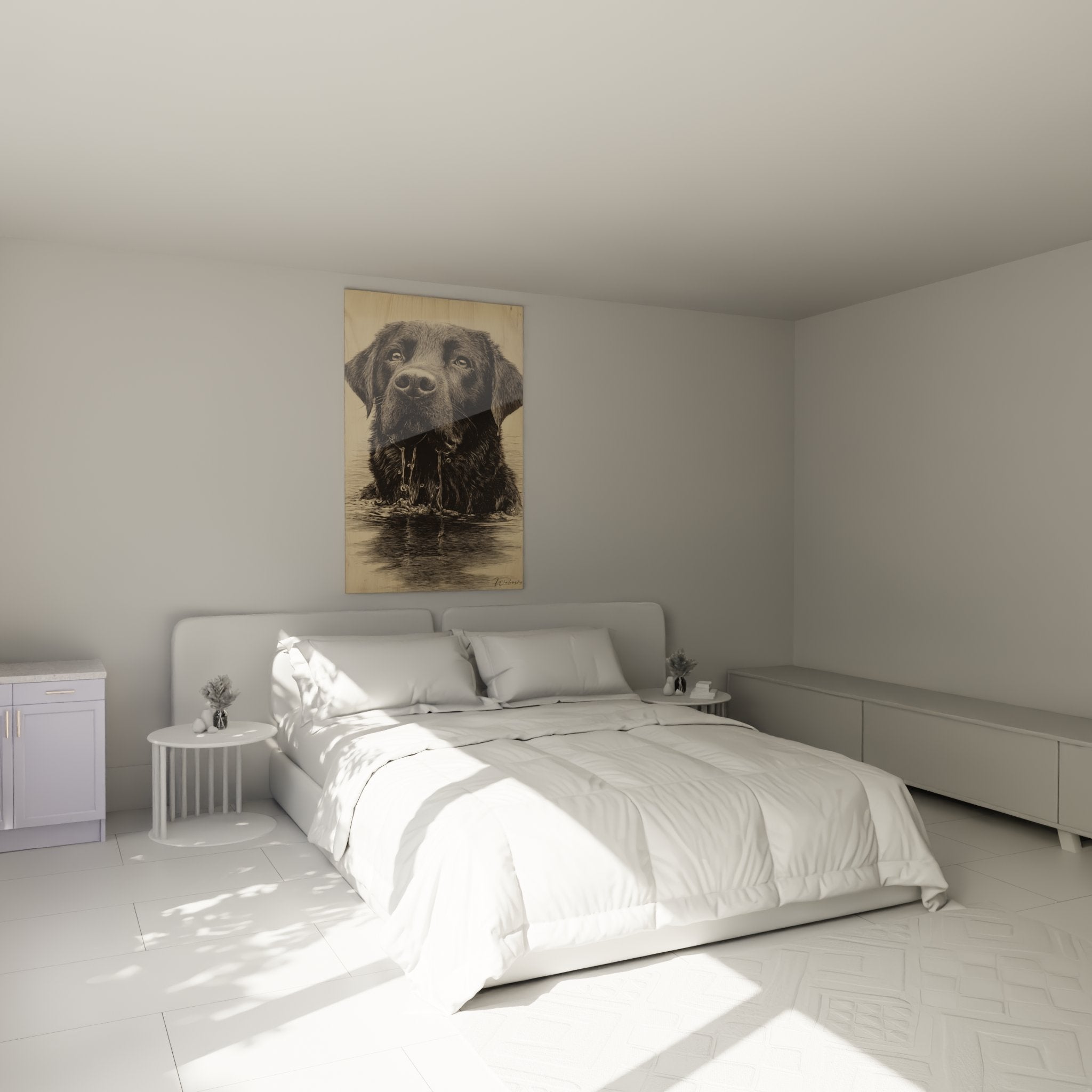 Ritratto Labrador nero in stile incisione installato in camera moderna, decorazione murale elegante
