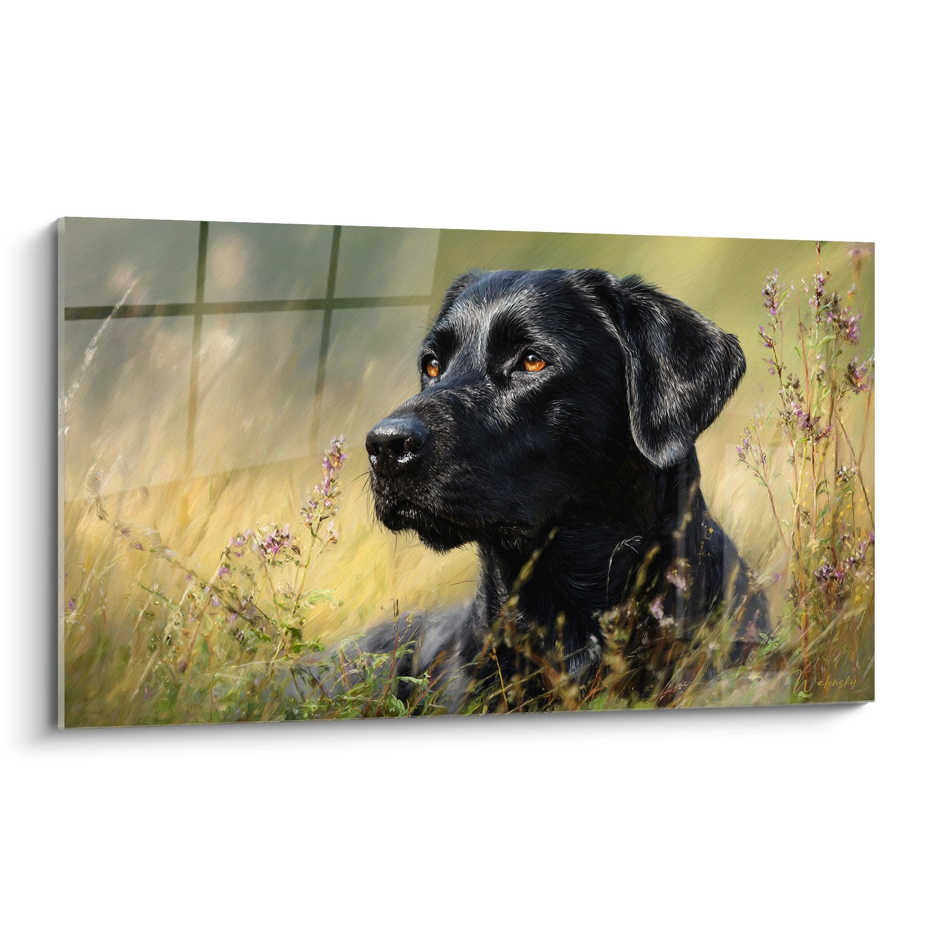 black labrador retriever portrait contemplative gaze golden field purple flowers artistic dog artwork