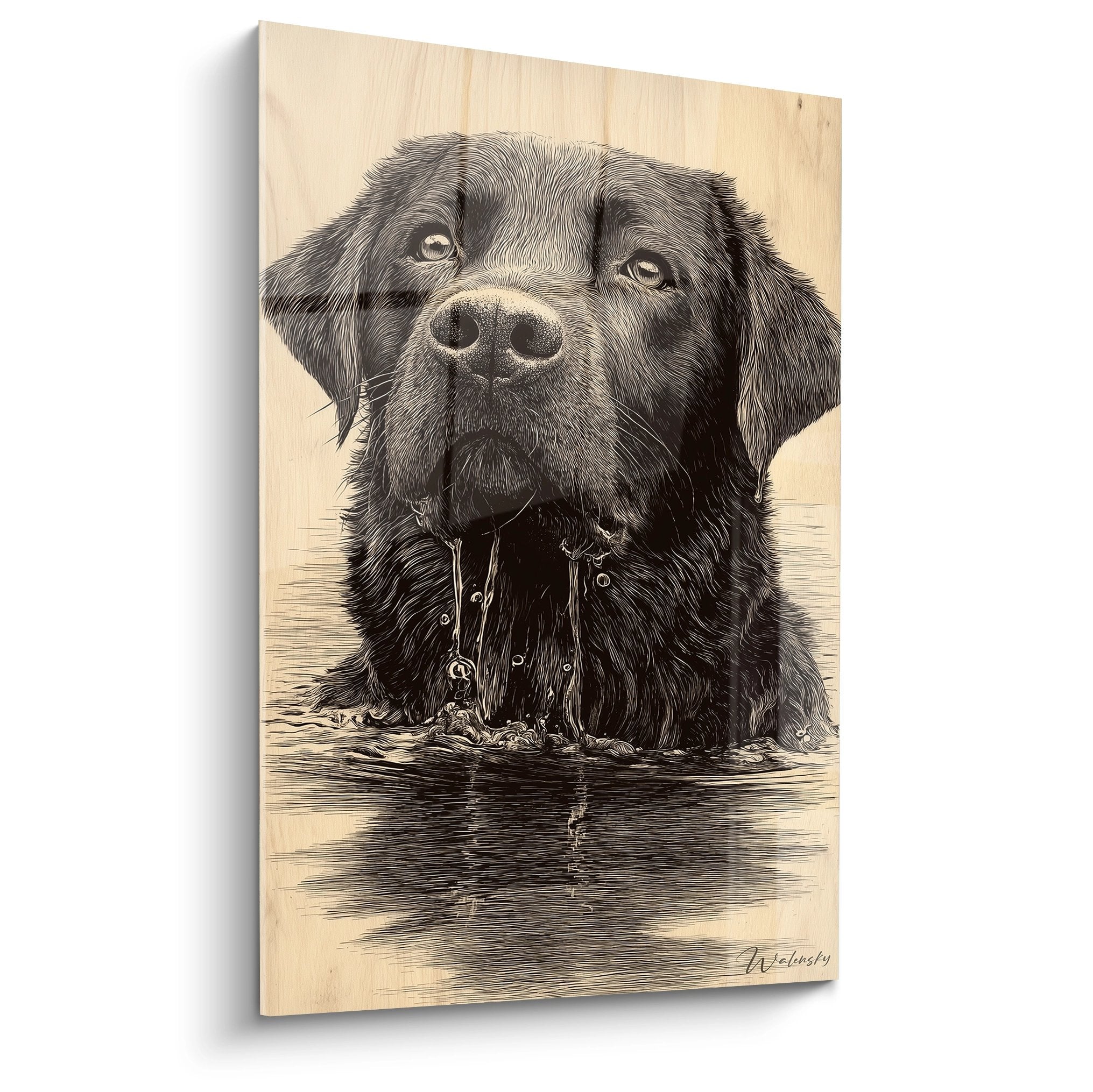 Quadro ritratto realistico di Labrador nero in acqua, stile incisione, tonalità beige e seppia