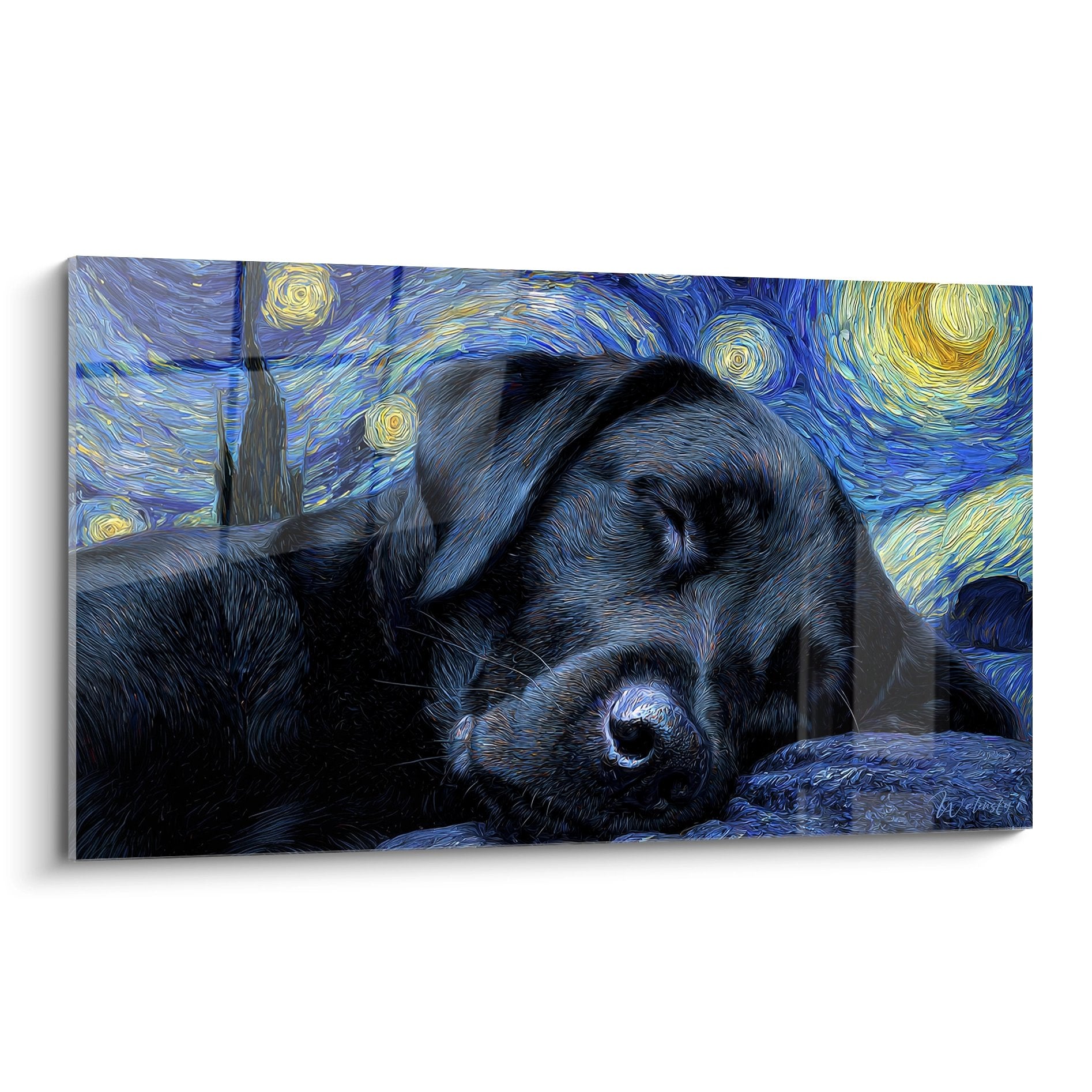 schwarzer labrador schlafend gemälde van gogh stil sternenklarer himmel blau gold hundekunst dekorativ