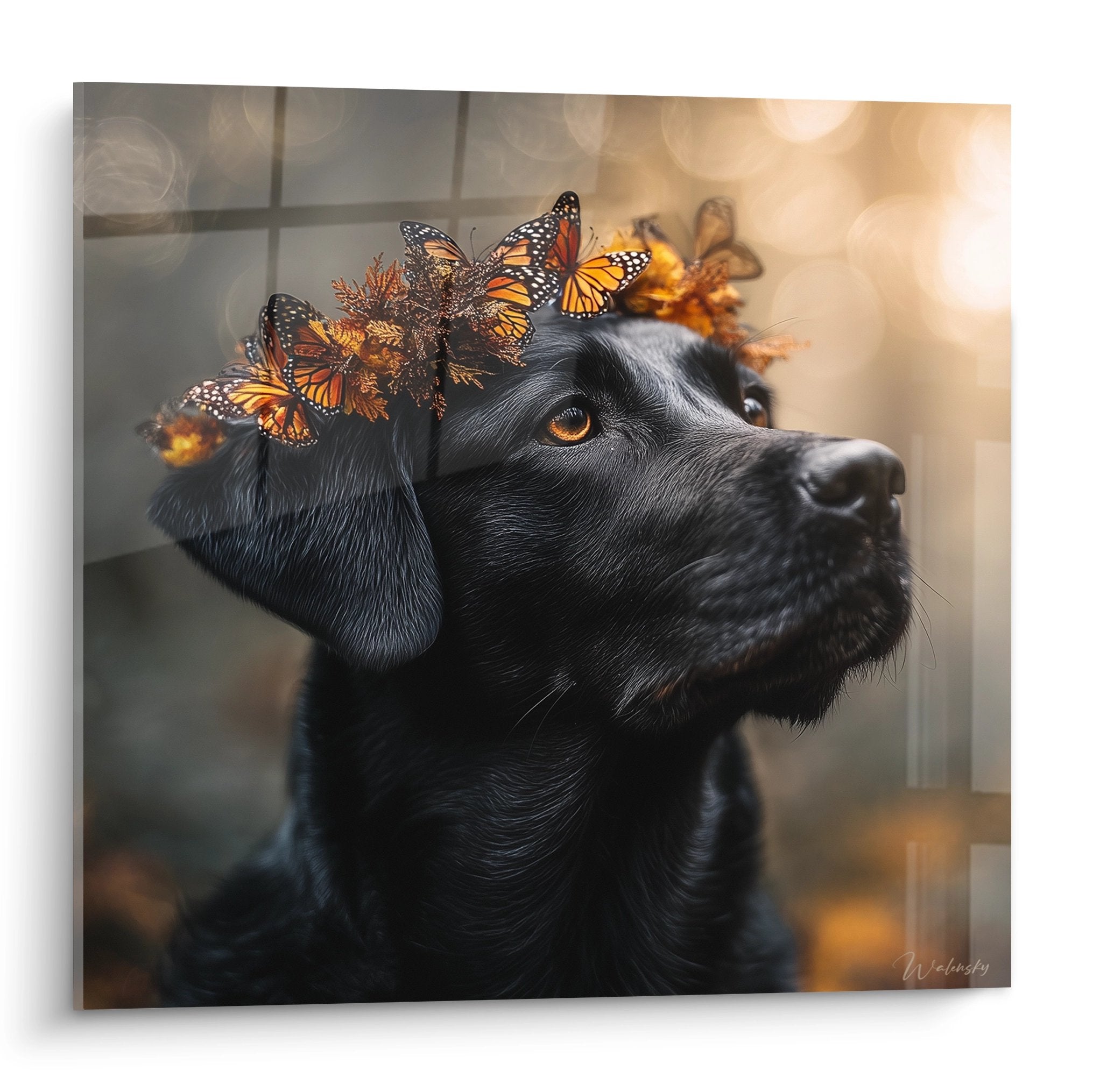 schwarzes Labrador-Gemälde mit orangefarbenen Monarchfaltern goldenes Licht Hintergrund realistisches Hundeporträt Tierkunst