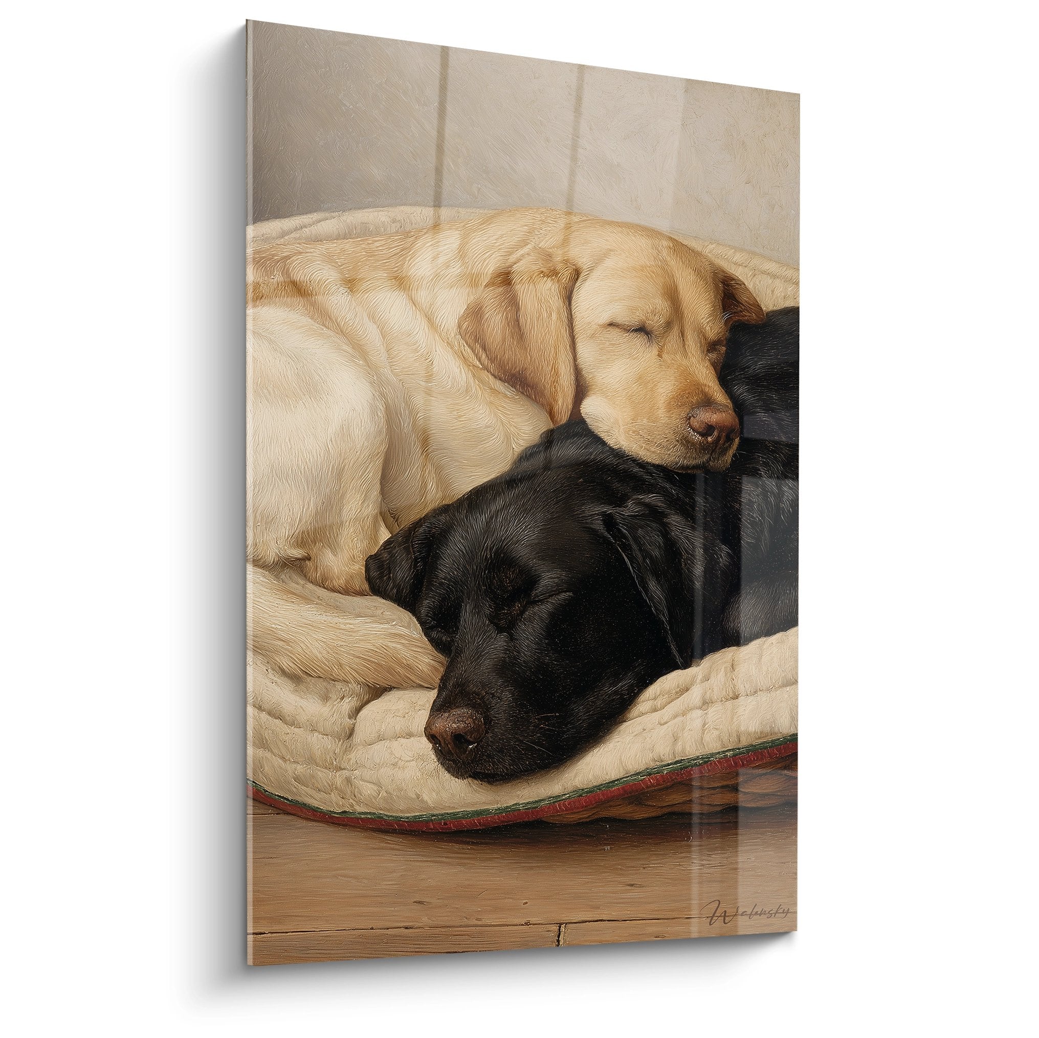 two sleeping labradors on beige cushion golden and black coats canine tenderness wall art decoration
