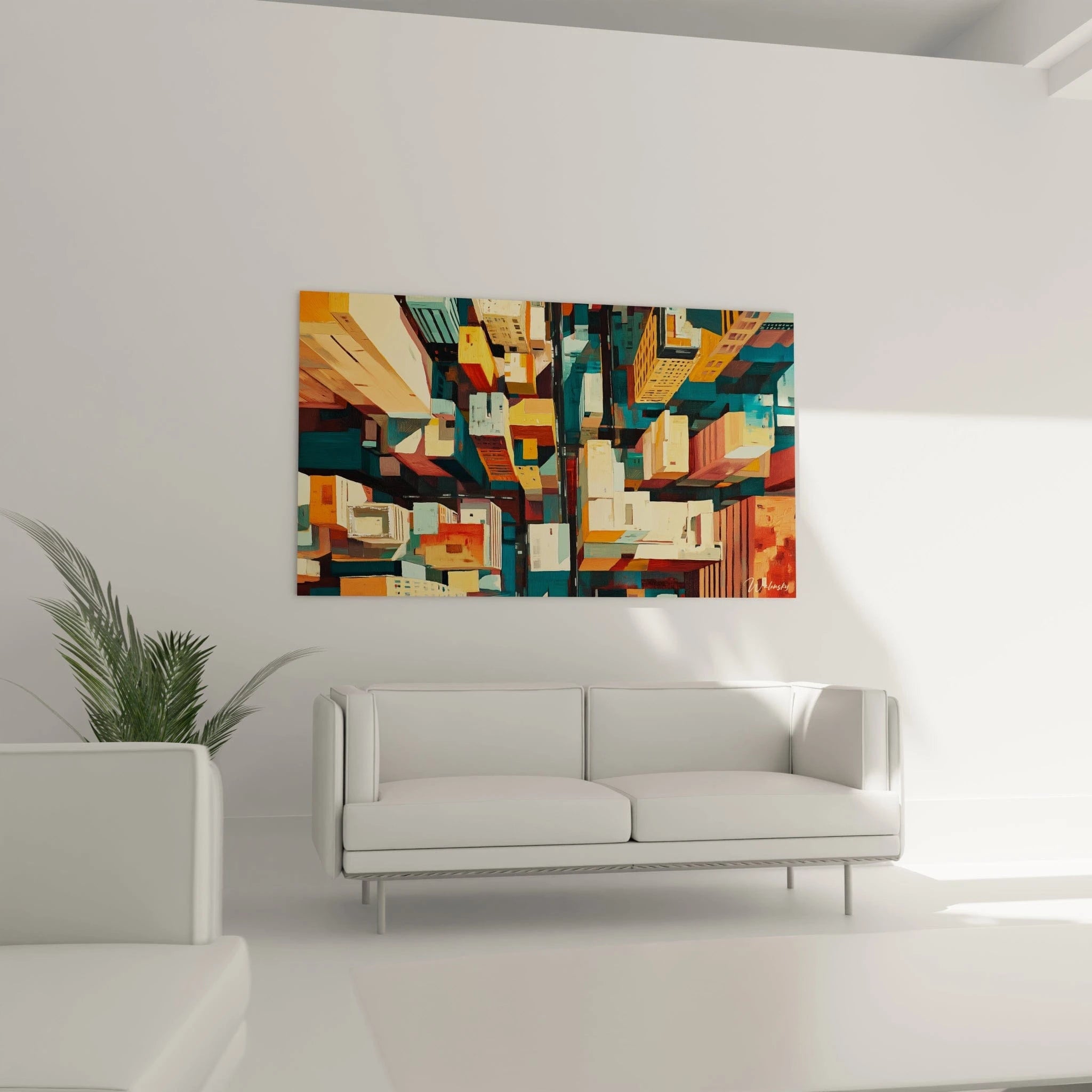 Tableau cubisme abstrait Walensky représentant des structures urbaines colorées sur un mur moderne