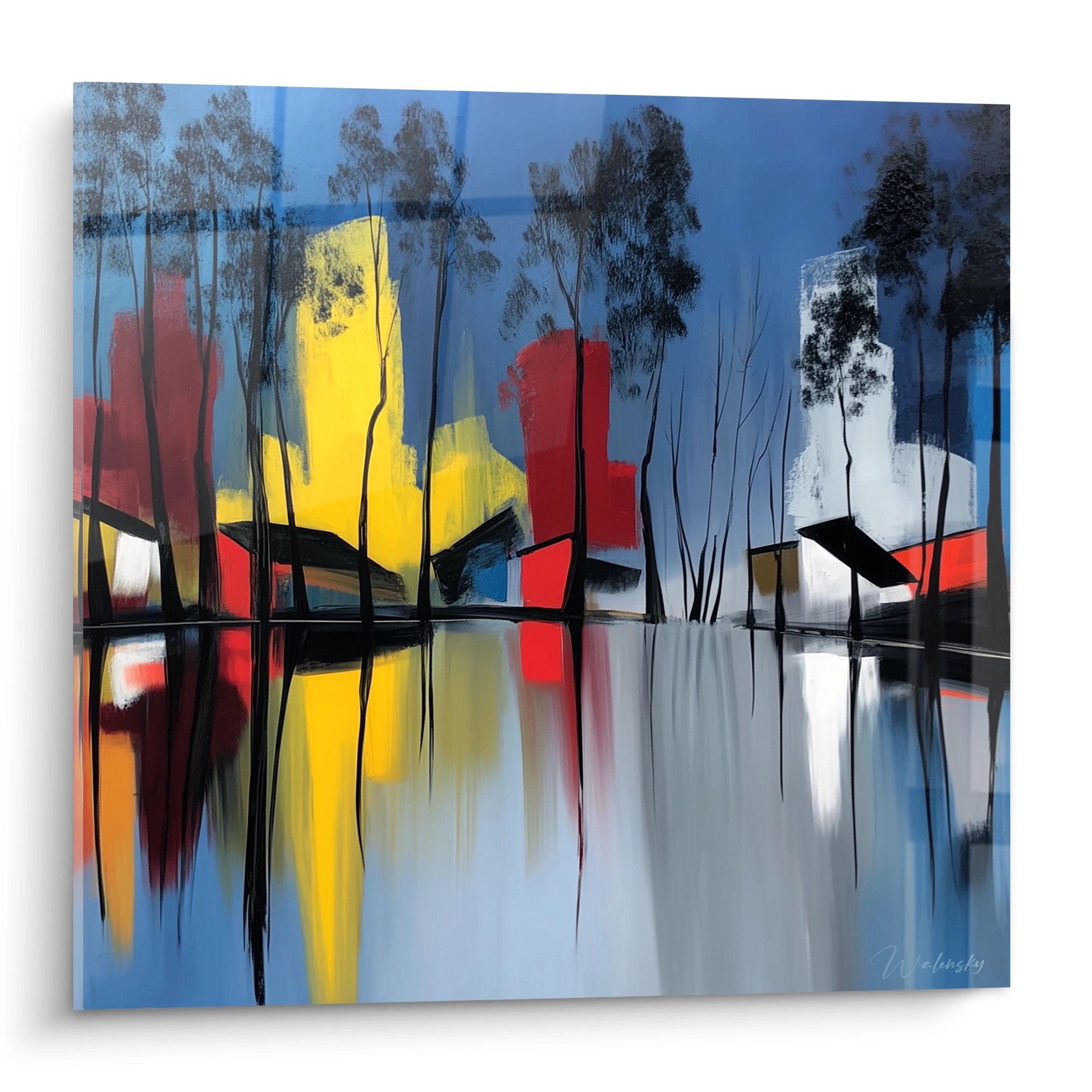 Tableau lac abstrait moderne avec reflets colorés, arbres et formes géométriques - art contemporain mural