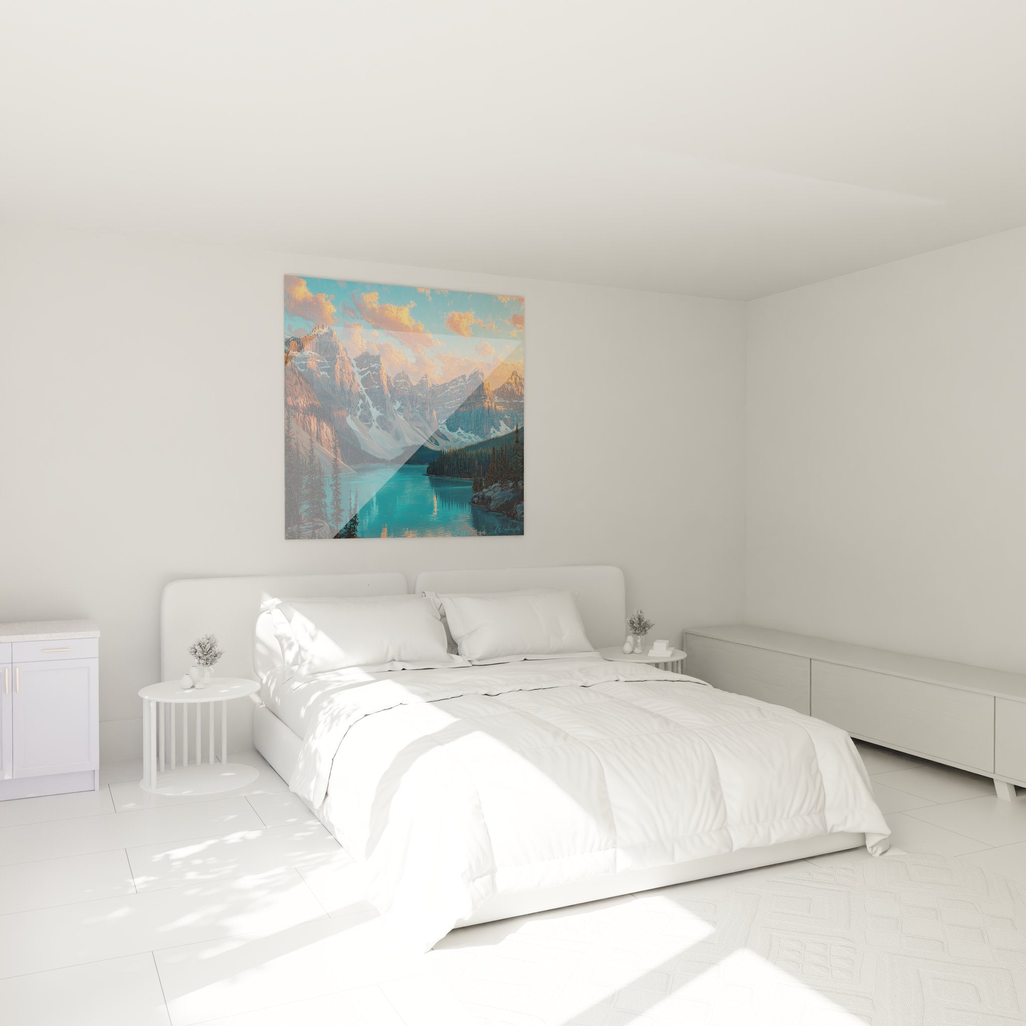 Tableau lac alpin dans chambre moderne, décoration murale paysage montagne avec coucher de soleil
