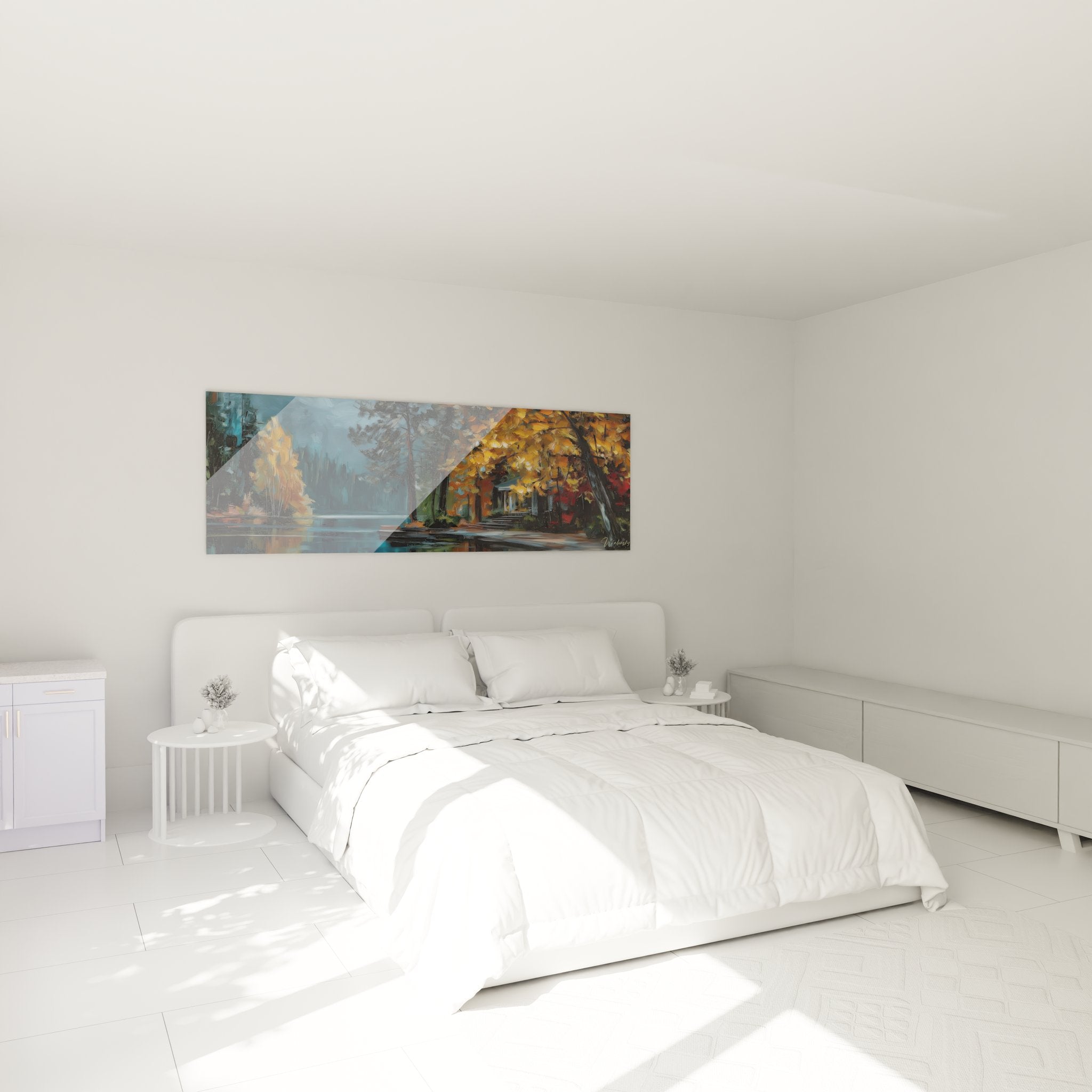 Tableau lac automnal en décoration chambre, ambiance chaleureuse avec couleurs dorées nature