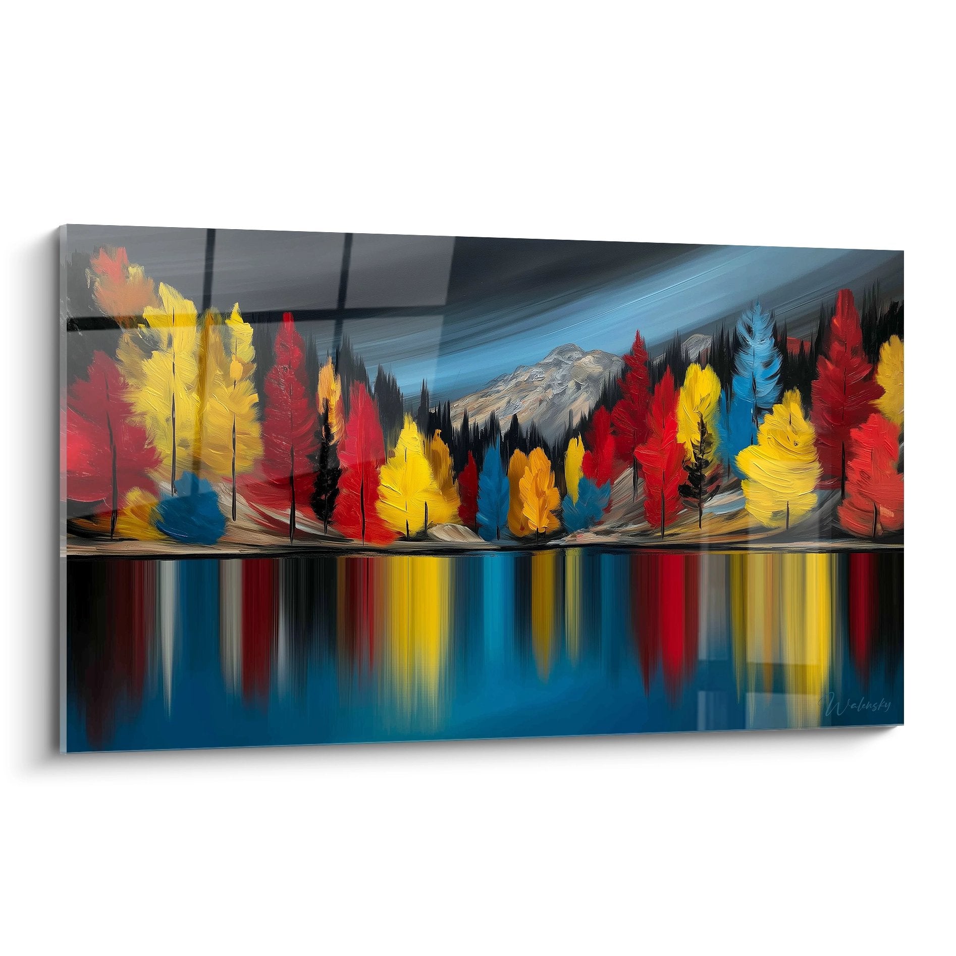 Tableau mural lac automnal avec reflets colorés et montagnes pour décoration intérieure